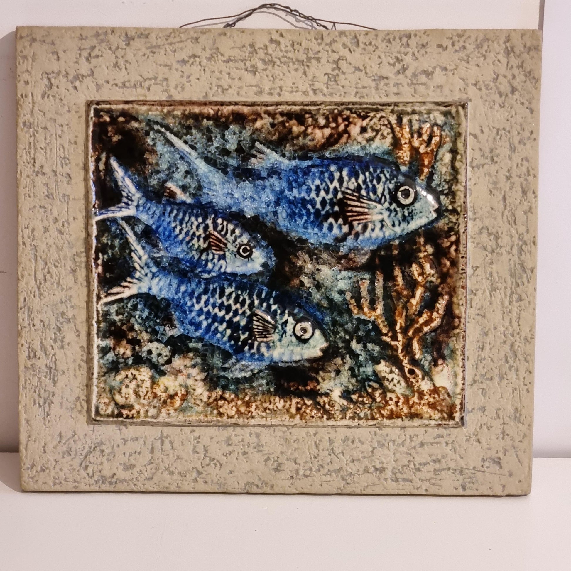 Karlsruher Majolika Ceramic Wall Plaque – Handcrafted Germany 1950s with blue fish and coral design vintage decor