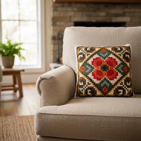 Vintage Scandinavian hand-embroidered cushion – Christmas poinsettia design, wool needlepoint pillow