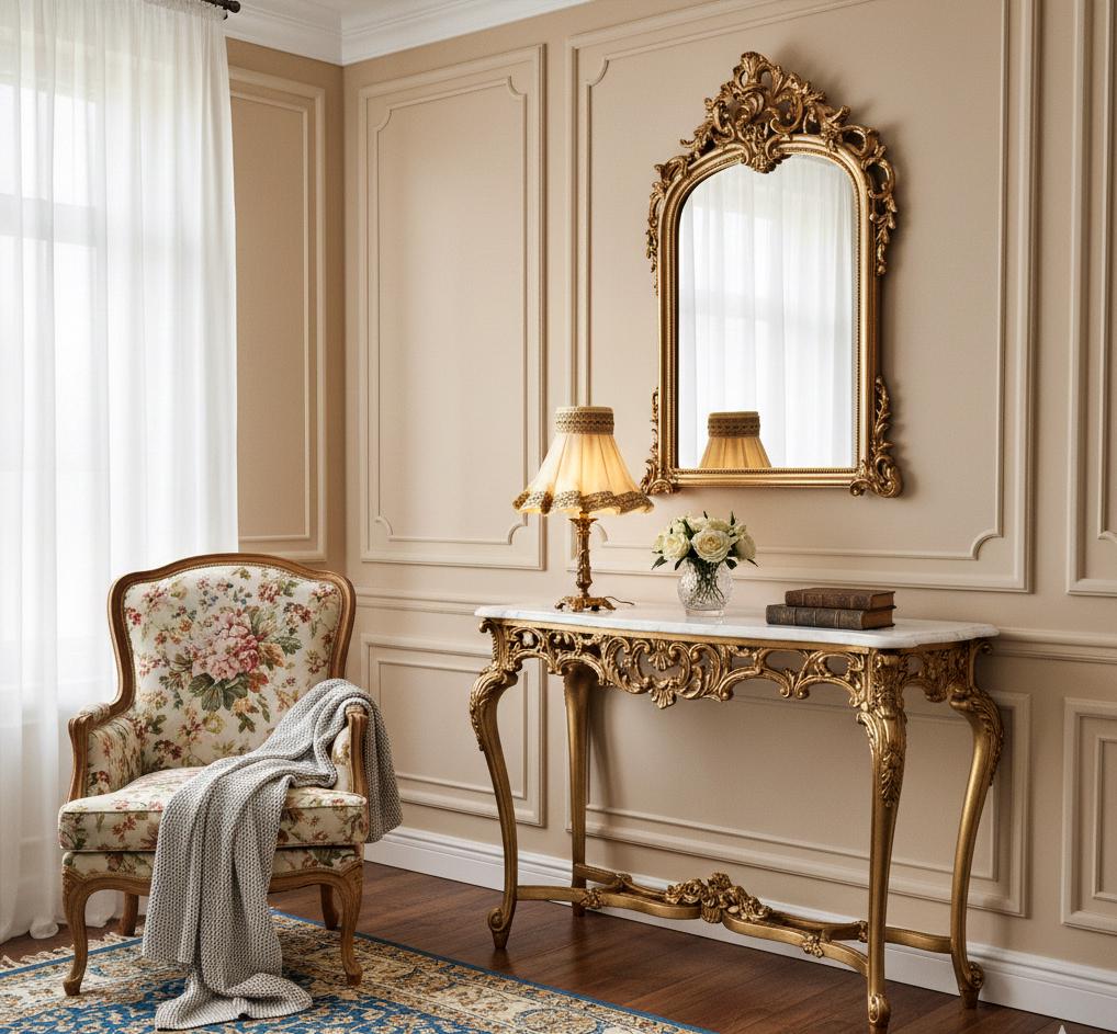 Vintage brass table lamp with pleated shade – ornate baroque style lighting, original piece on carved gold console table beneath ornate mirror