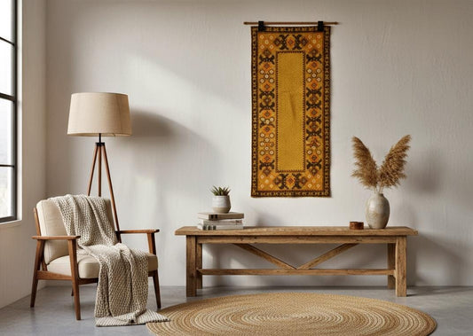 Vintage Scandinavian Embroidered Table Runner – 1970s Geometric Folk Art