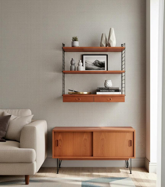 Danish teak String Shelf with Drawers, 1960s Scandinavian Wall Unit