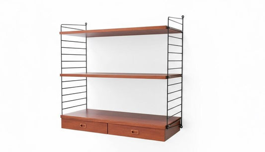 Danish teak String Shelf with Drawers, 1960s Scandinavian Wall Unit