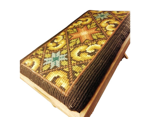 Rustic Wooden Stool with Embroidered Cushion – Farmhouse Entryway Bench