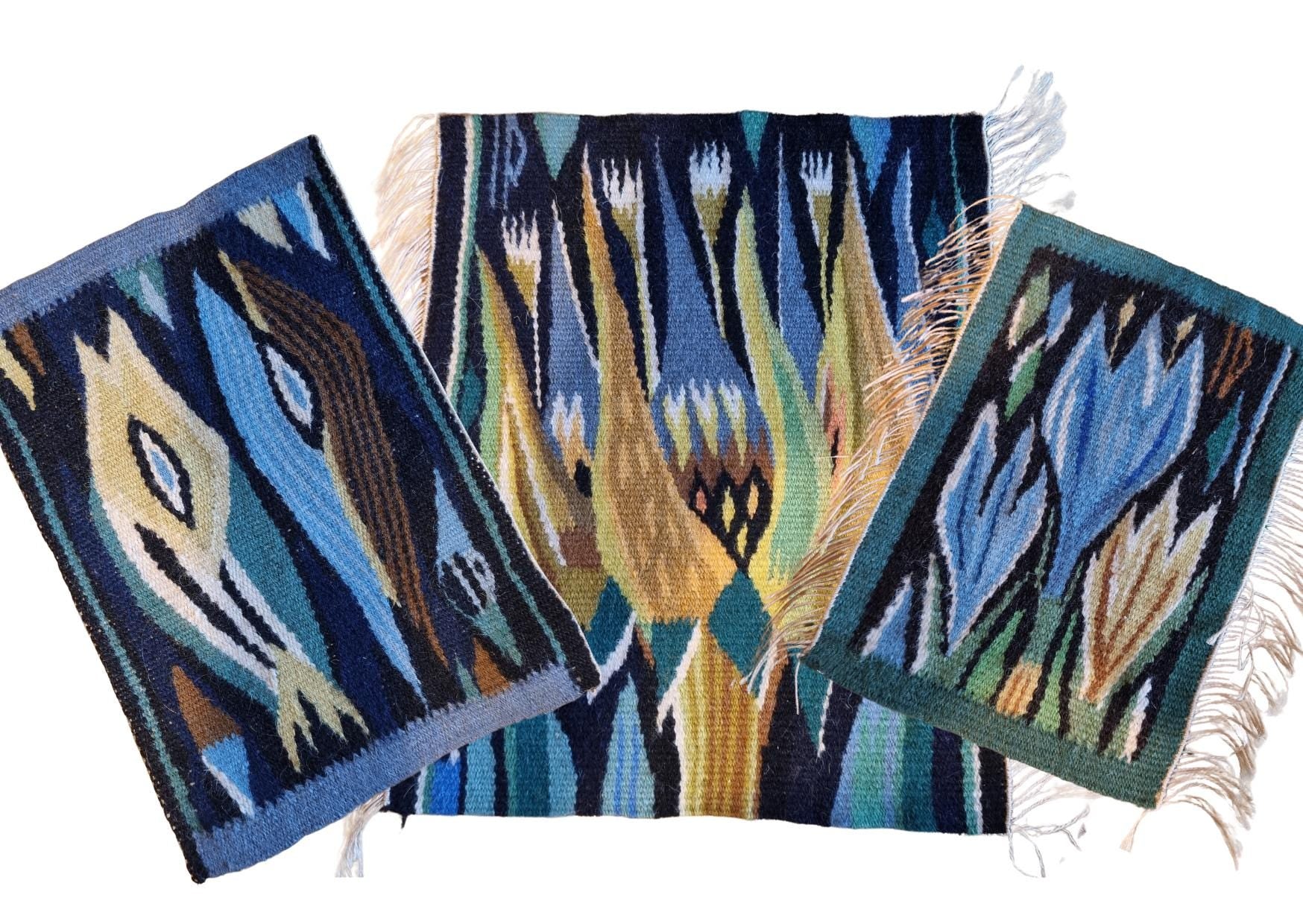 Scandinavian Folk Art Woven Set - Three 1960s Swedish Textile Wall Hangings - Mid-Century Floral Design featuring blue and green hues.