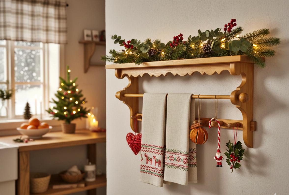 Rustic Pine Wall Shelf with Peg Hooks & Towel Bar: Farmhouse Kitchen Organizer