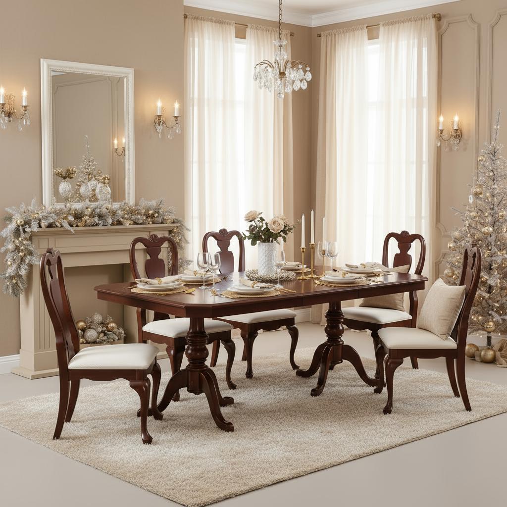 Vintage Mahogany Queen Anne Dining Set Extendable Table, 6 Chairs in elegant dining room with chandelier and festive decor