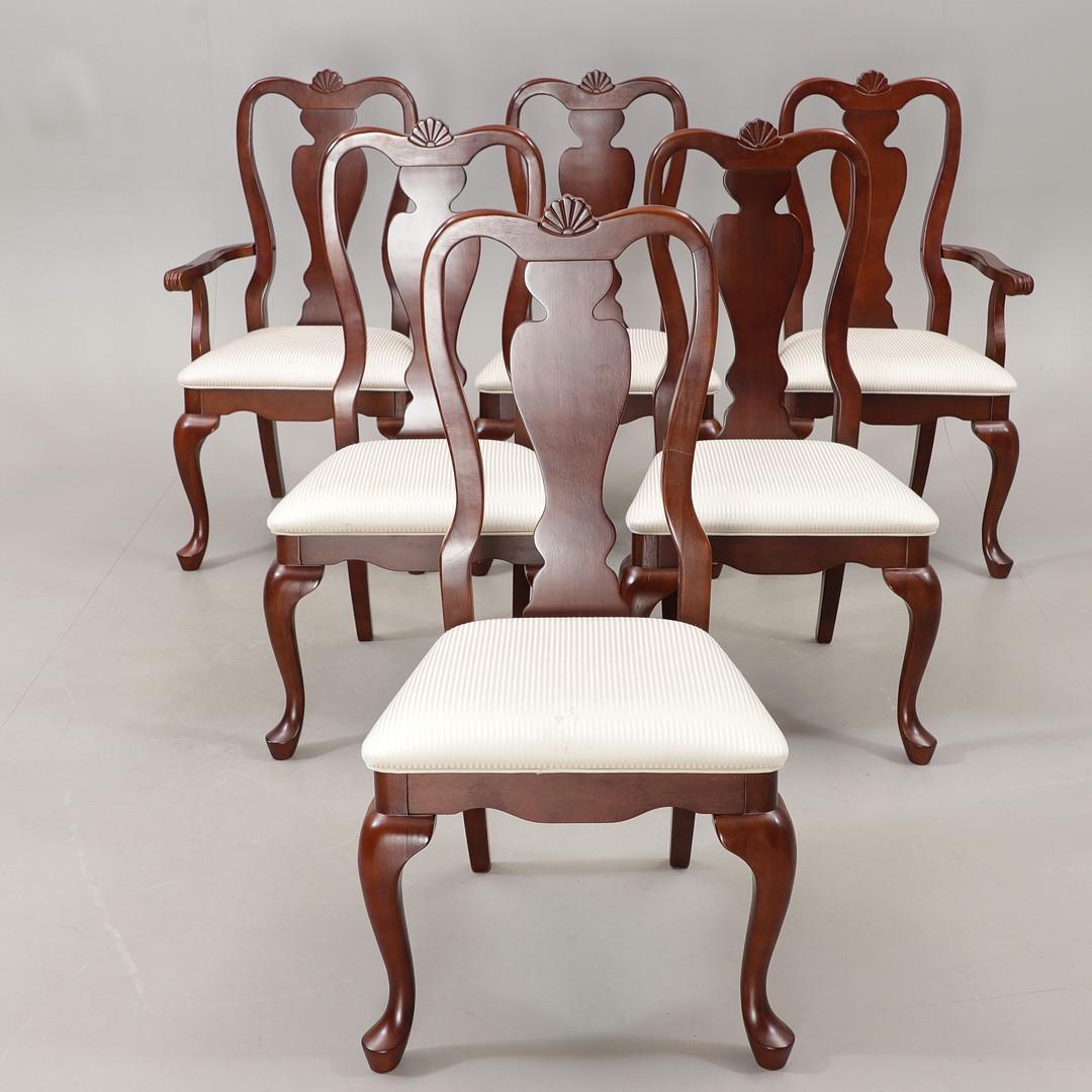 Vintage Mahogany Queen Anne Dining Set Extendable Table, 6 Chairs featuring carved backs and white upholstered seats