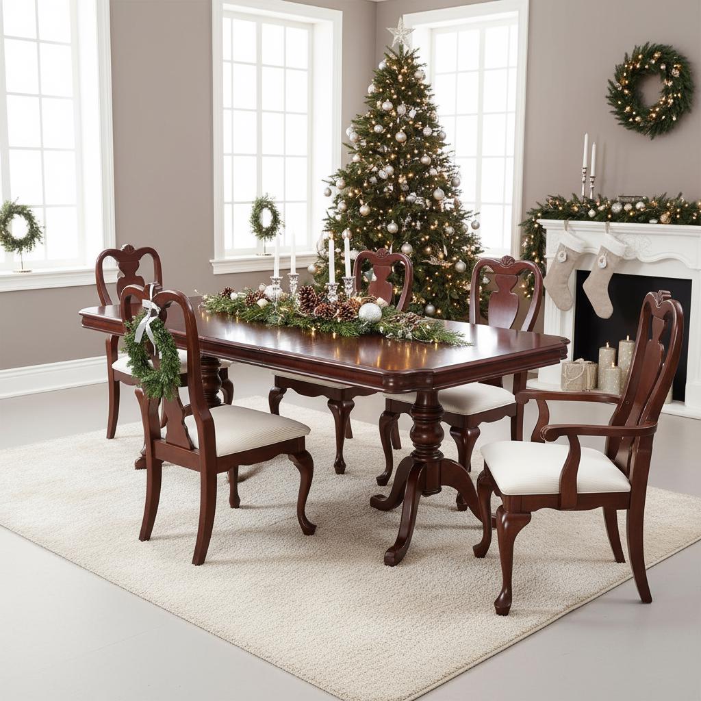 Vintage Mahogany Queen Anne Dining Set Extendable Table, 6 Chairs in festive room with Christmas tree and wreaths