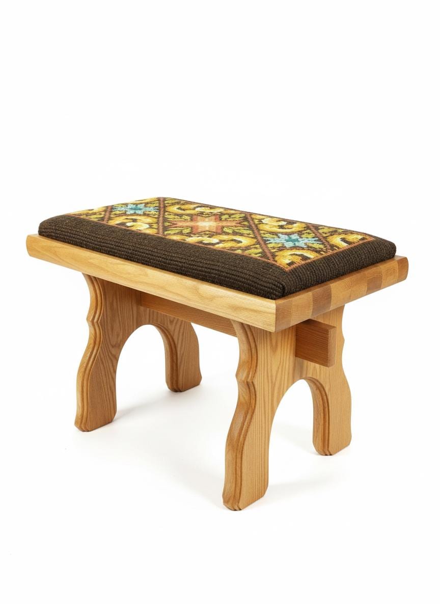 Rustic Wooden Stool with Embroidered Cushion – Farmhouse Entryway Bench