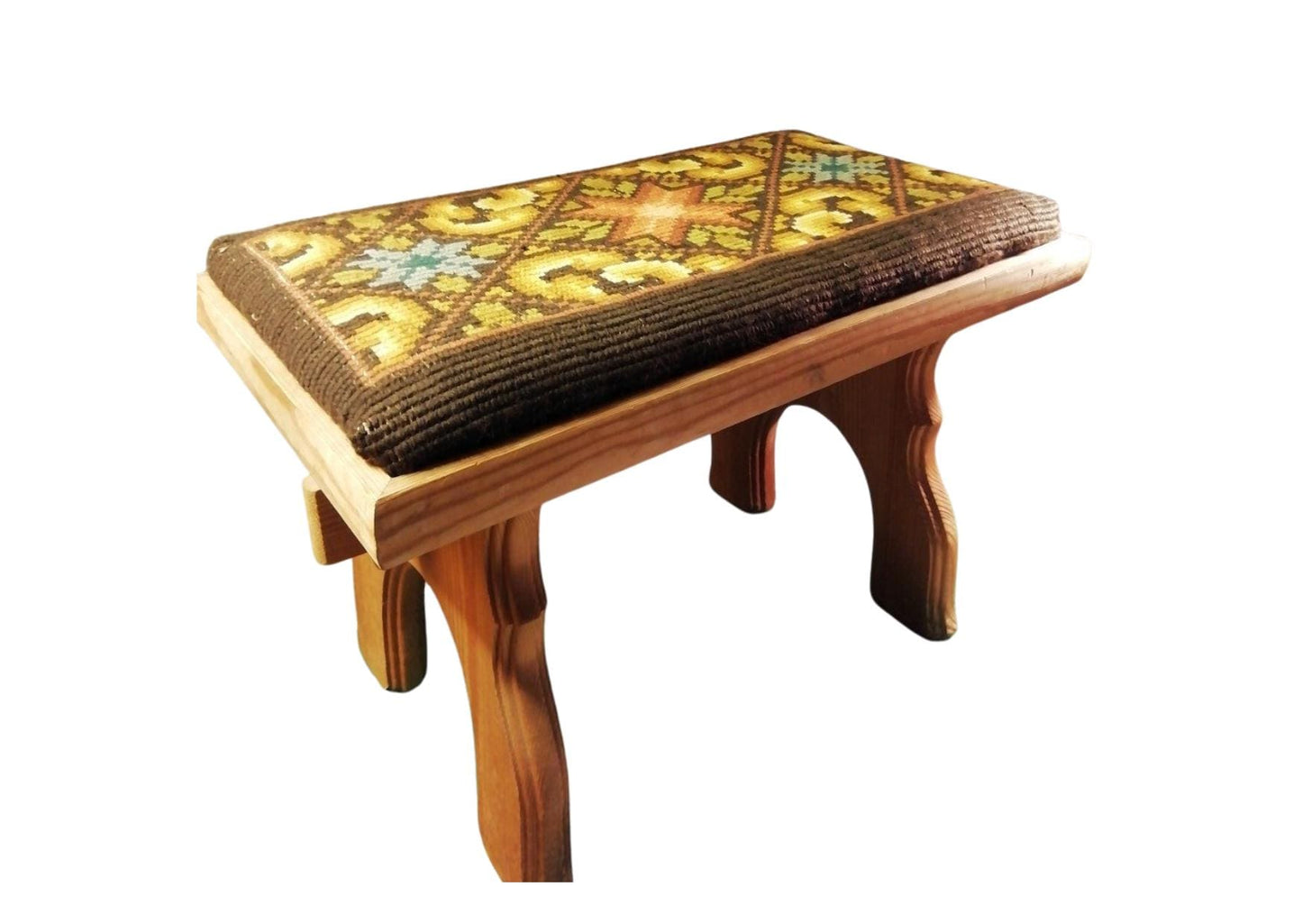 Rustic Wooden Stool with Embroidered Cushion – Farmhouse Entryway Bench