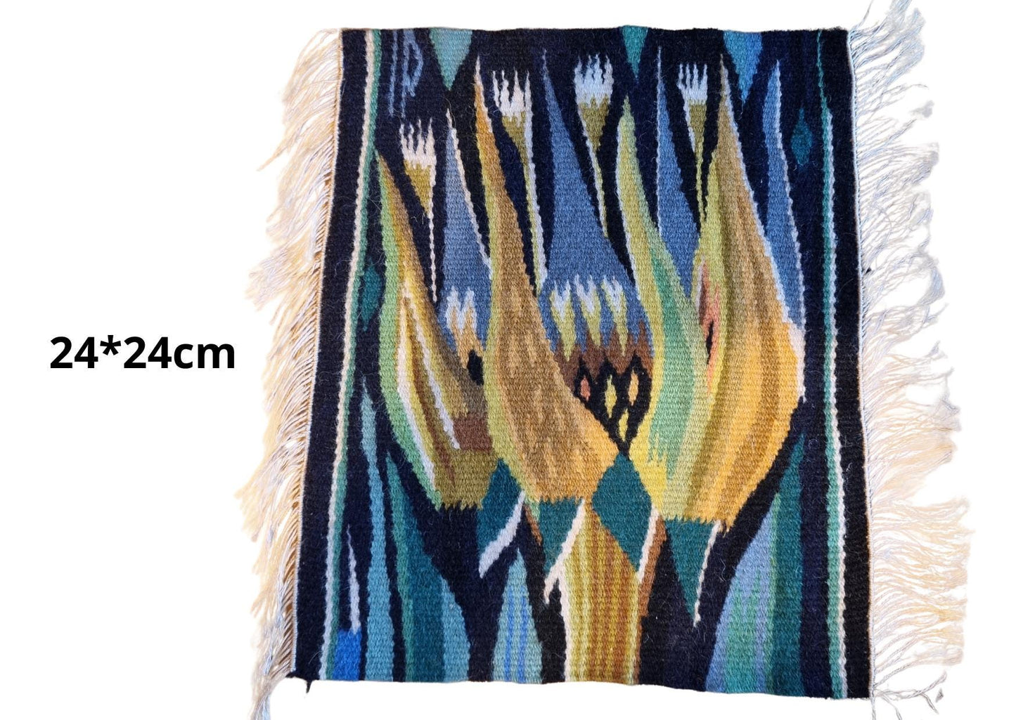 Scandinavian Folk Art Woven Set - Three 1960s Swedish Textile Wall Hangings - Mid-Century Floral Design blue and yellow abstract pattern textile wall hanging