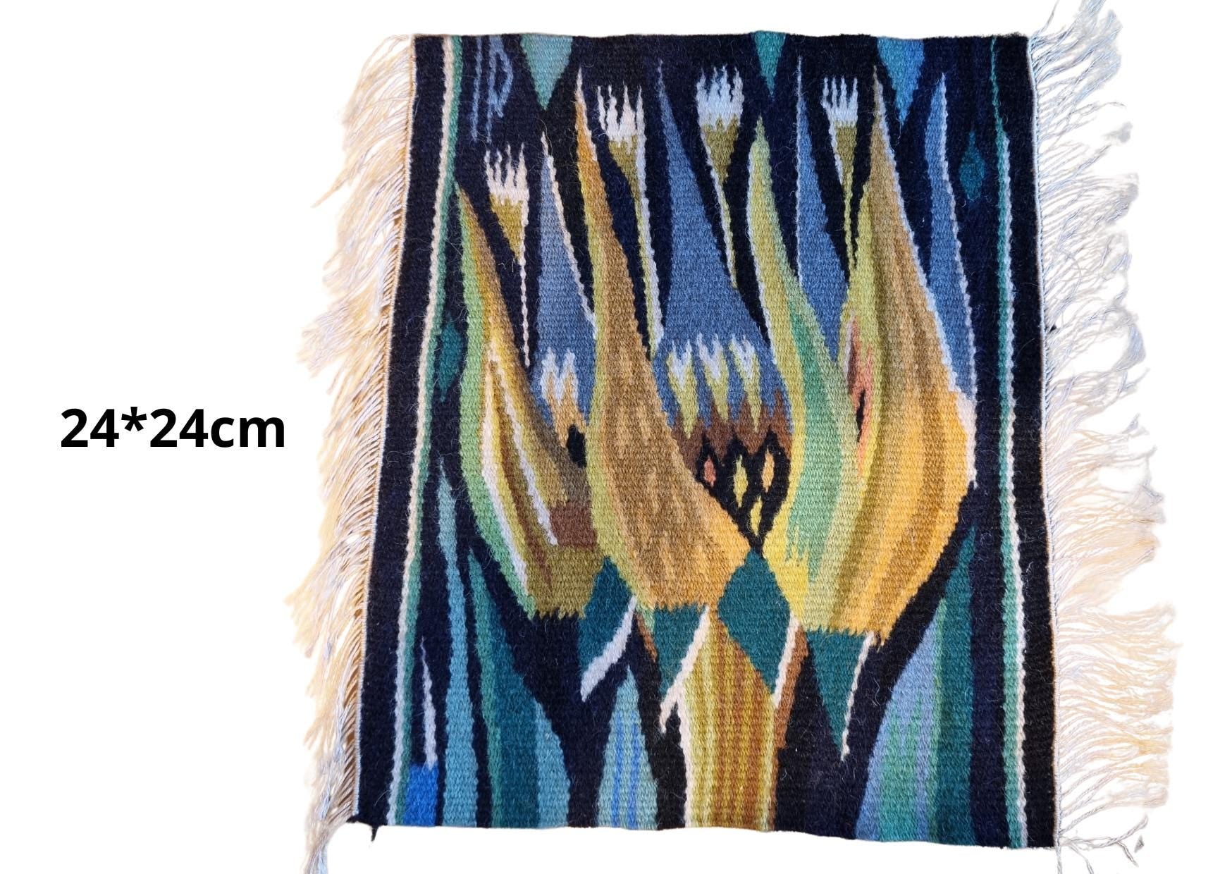 Scandinavian Folk Art Woven Set - Three 1960s Swedish Textile Wall Hangings - Mid-Century Floral Design blue and yellow abstract pattern textile wall hanging