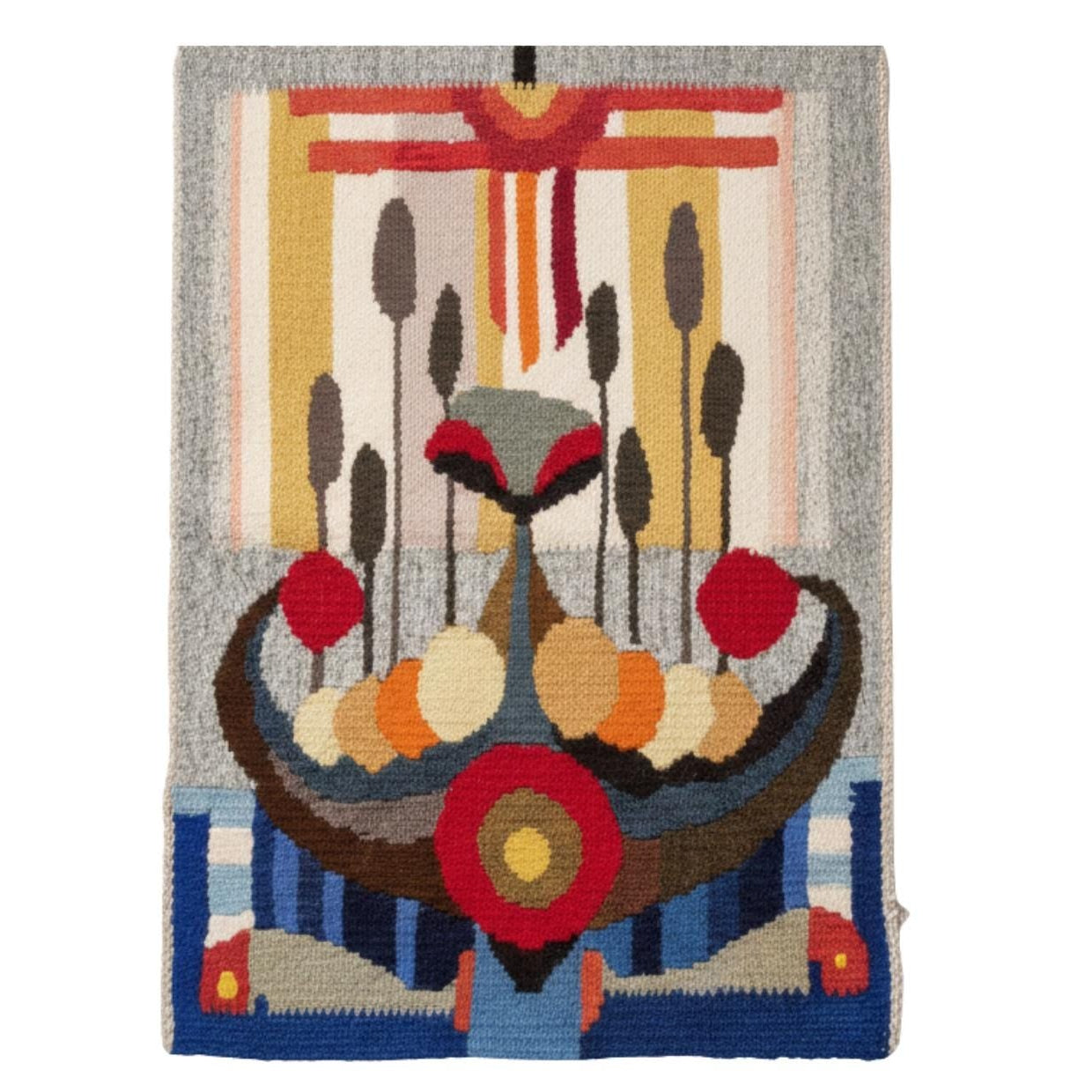 Vintage Viking Ship Tapestry | Mid-Century Modern Woven Wall Art featuring abstract Nordic folk art and handwoven textiles design.