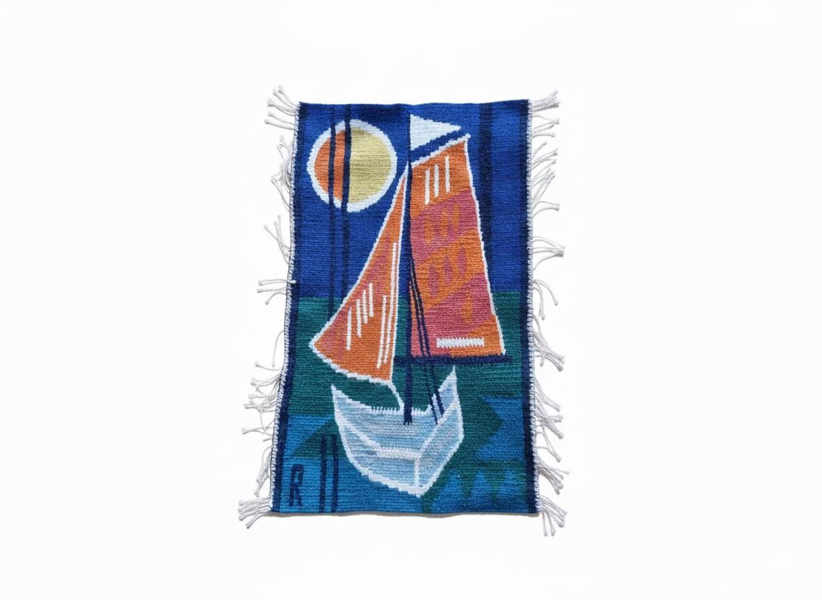 Vintage Viking Ship Tapestry | 1970s Mid-Century Modern Woven Wall Art with geometric boat and sun design in blue tones