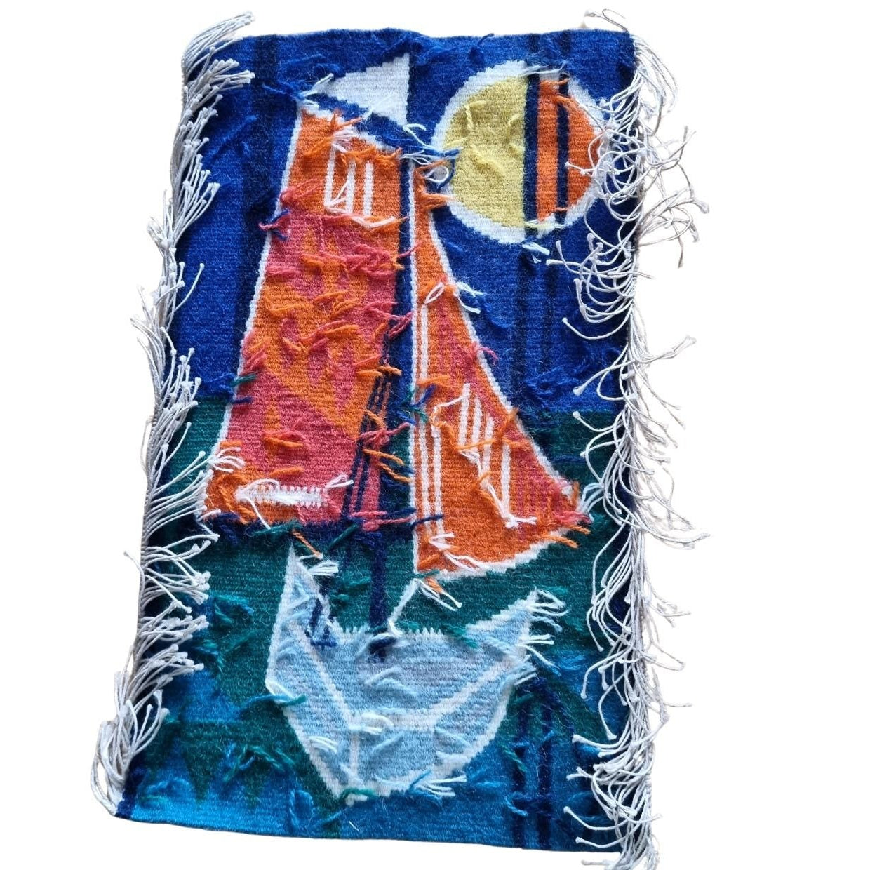 Vintage Viking Ship Tapestry | 1970s Mid-Century Modern Woven Wall Art with colorful sails and fringed edges