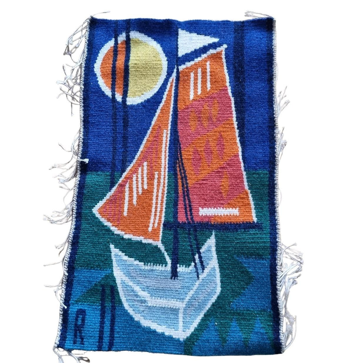 Vintage Viking Ship Tapestry | 1970s Mid-Century Modern Woven Wall Art with nautical sailboat design and vibrant colors.