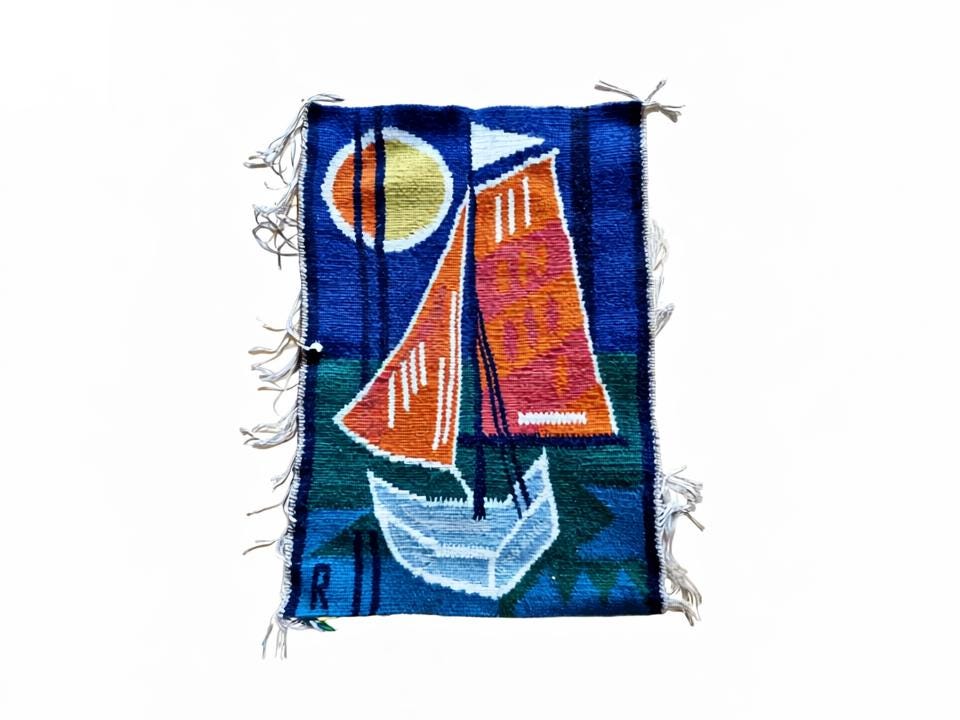 Vintage Viking Ship Tapestry | 1970s Mid-Century Modern Woven Wall Art featuring bold colors and geometric sailboat design