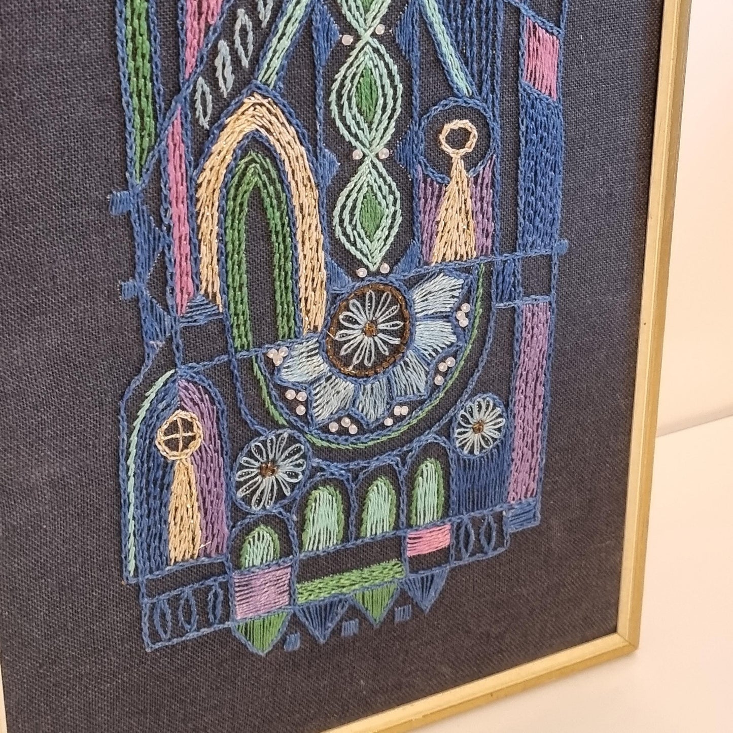 Vintage Scandinavian Embroidered Textile Wall Art, Framed Mid-Century Modern Needlework, 1960s Nordic Folk Design