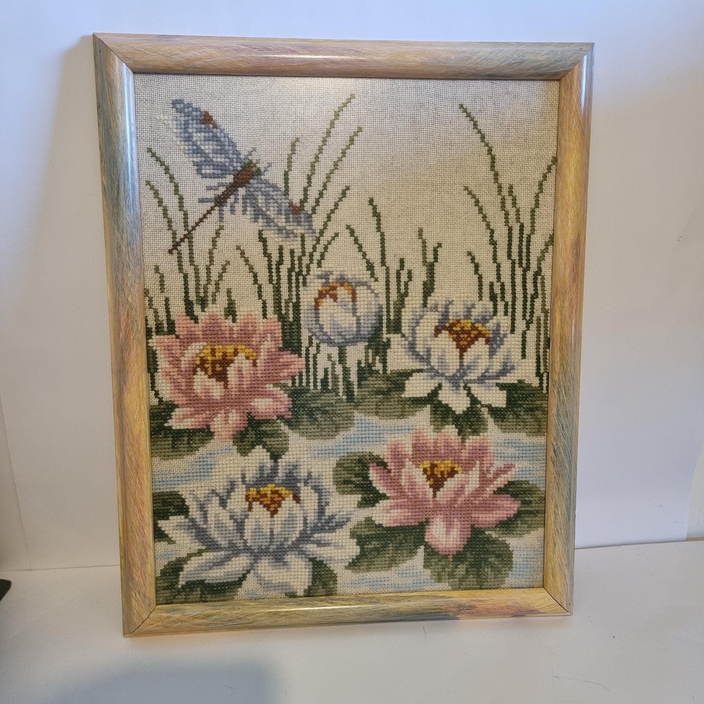 Framed Needlepoint Picture Water Lilies Dragonfly Mid Century Swedish Folk Art Wall Art