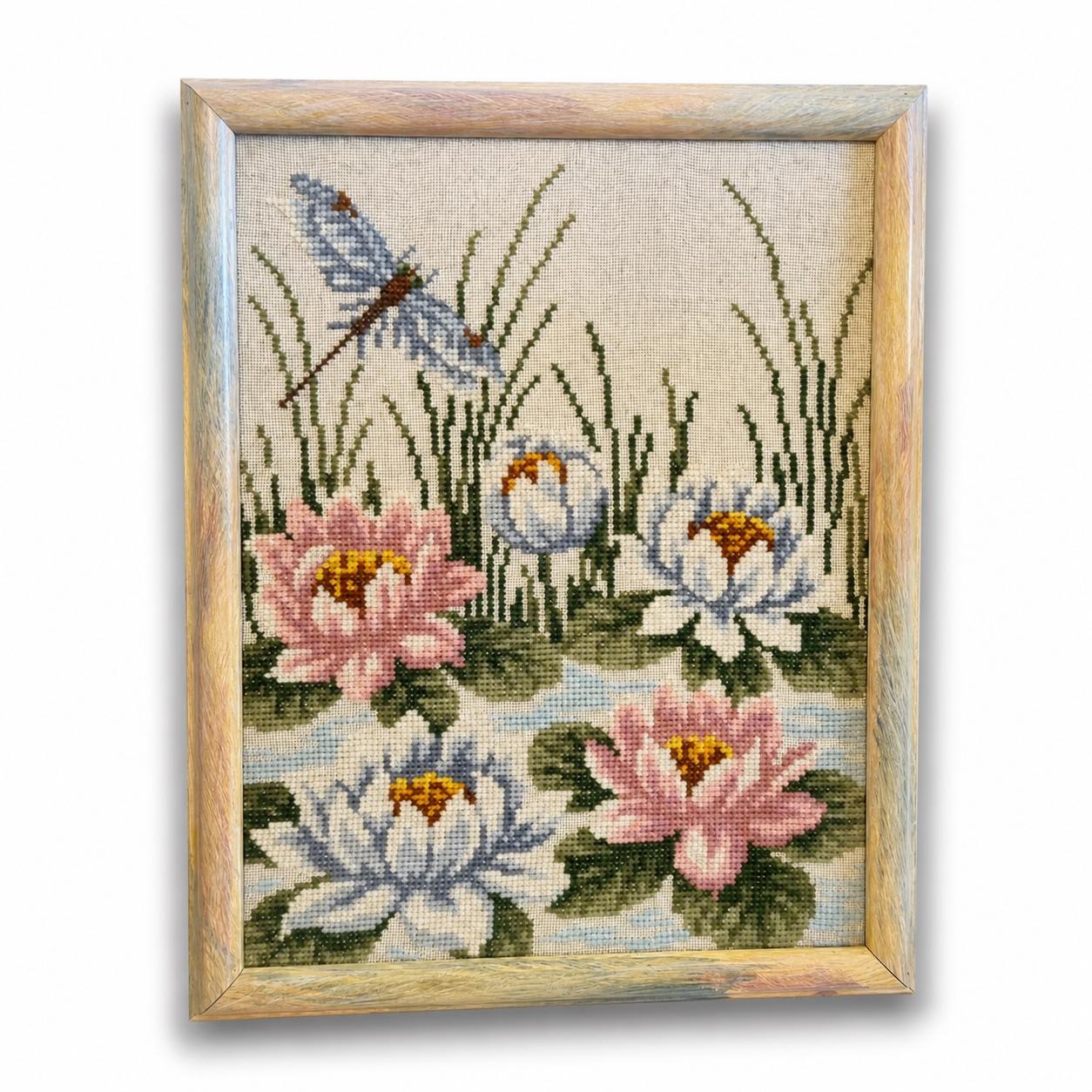 Framed Needlepoint Picture Water Lilies Dragonfly Mid Century Swedish Folk Art Wall Art