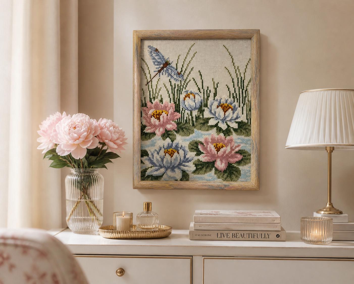 Framed Needlepoint Picture Water Lilies Dragonfly Mid Century Swedish Folk Art Wall Art