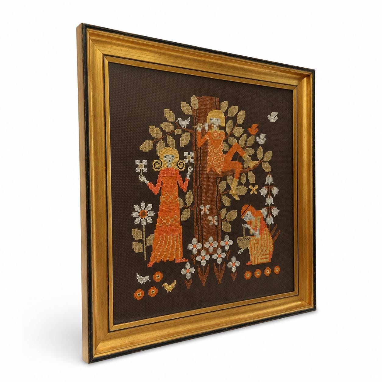 Mid Century Decor Embroidered Wall Art Framed Textile Folk Art | Original Wooden Frame | Scandinavian
