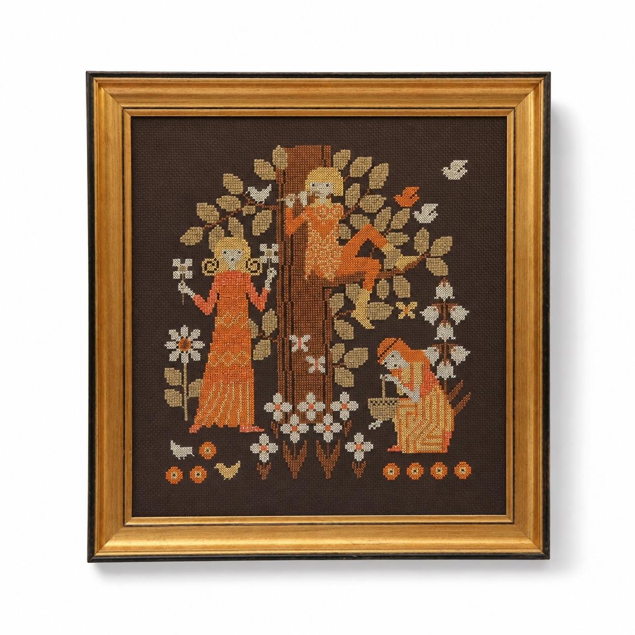 Mid Century Decor Embroidered Wall Art Framed Textile Folk Art | Original Wooden Frame | Scandinavian