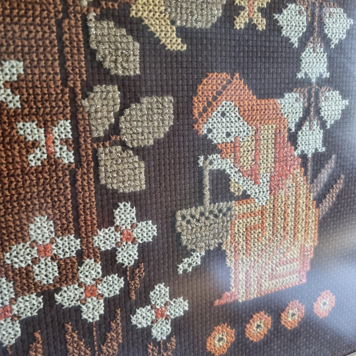 Mid Century Decor Embroidered Wall Art Framed Textile Folk Art | Original Wooden Frame | Scandinavian