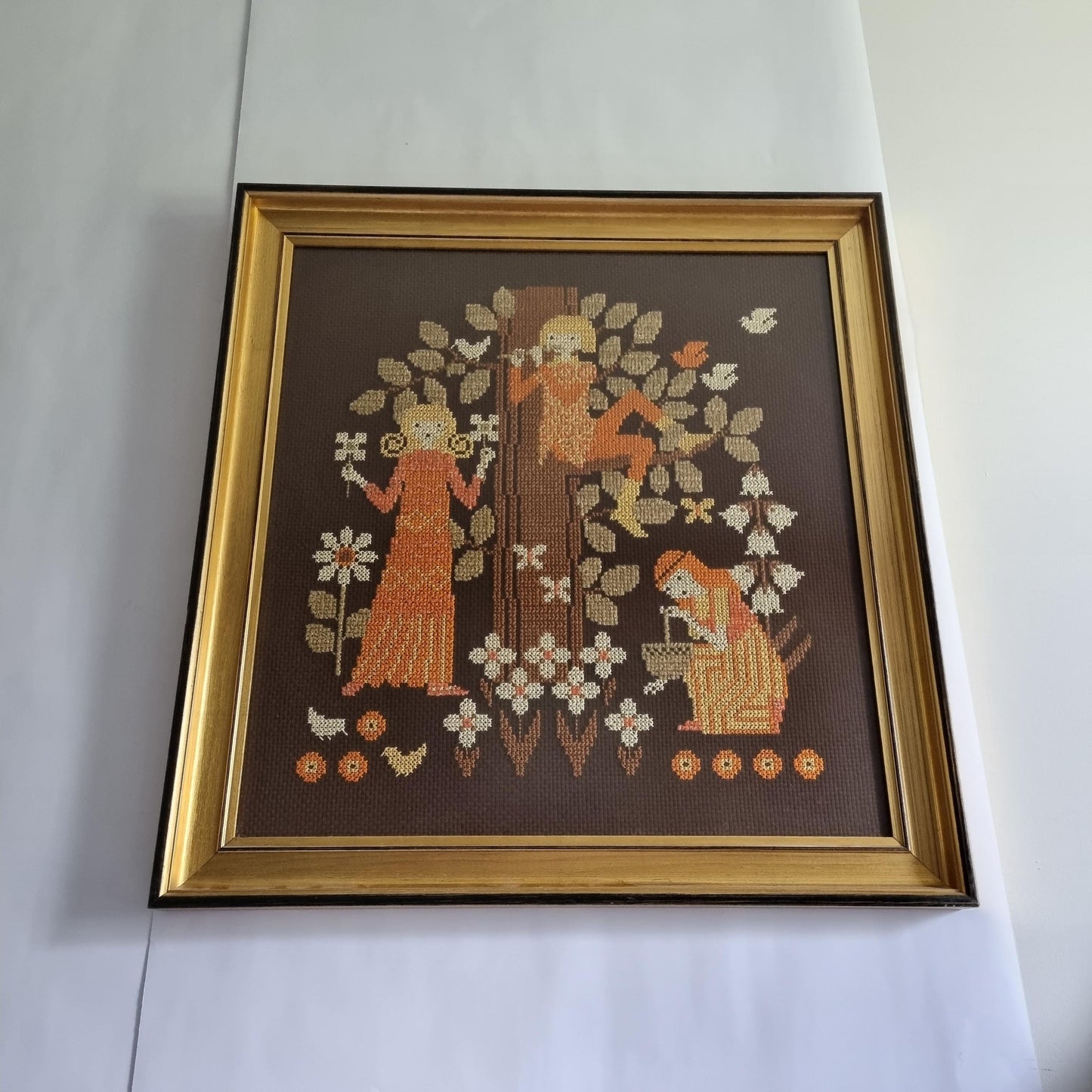 Mid Century Decor Embroidered Wall Art Framed Textile Folk Art | Original Wooden Frame | Scandinavian