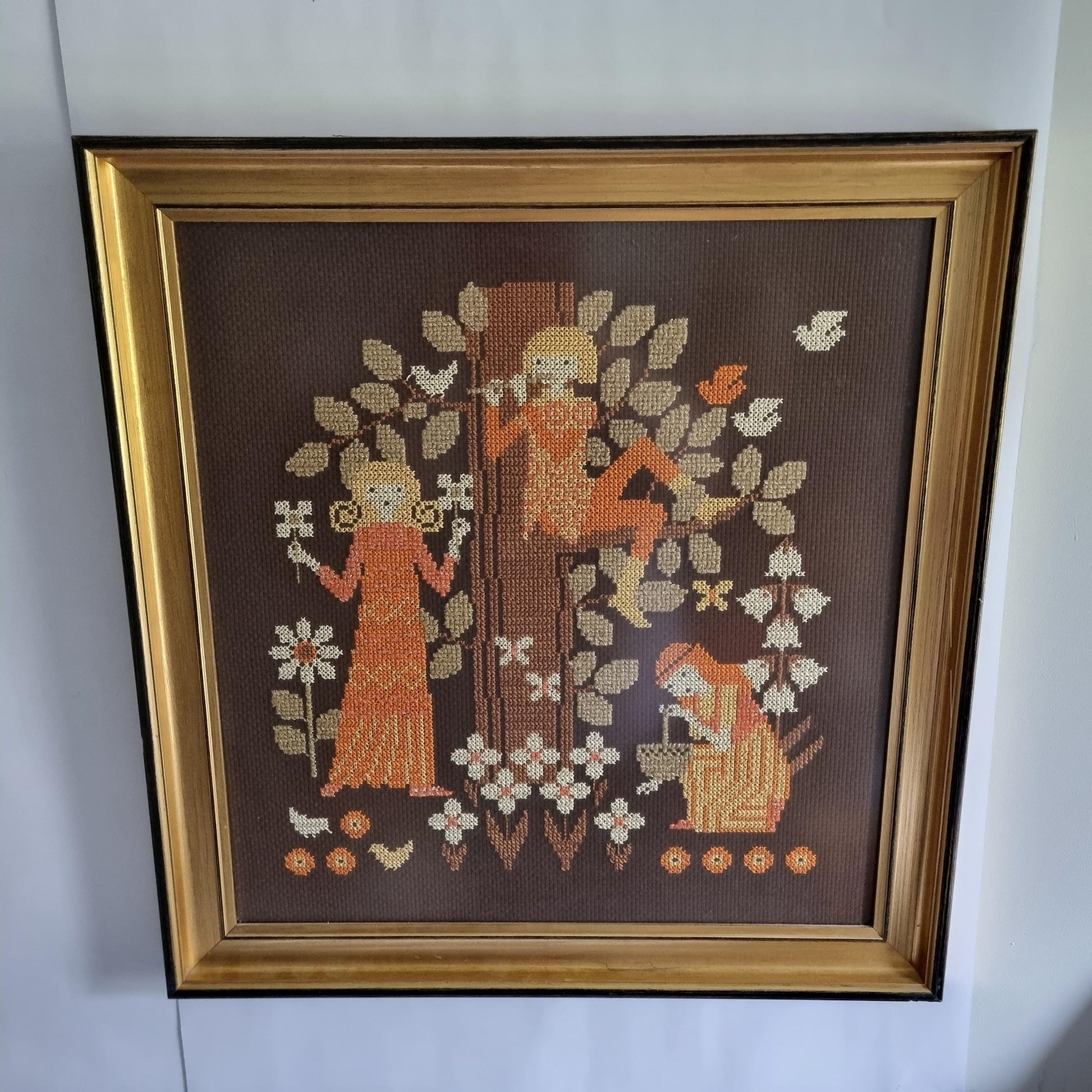 Mid Century Decor Embroidered Wall Art Framed Textile Folk Art | Original Wooden Frame | Scandinavian