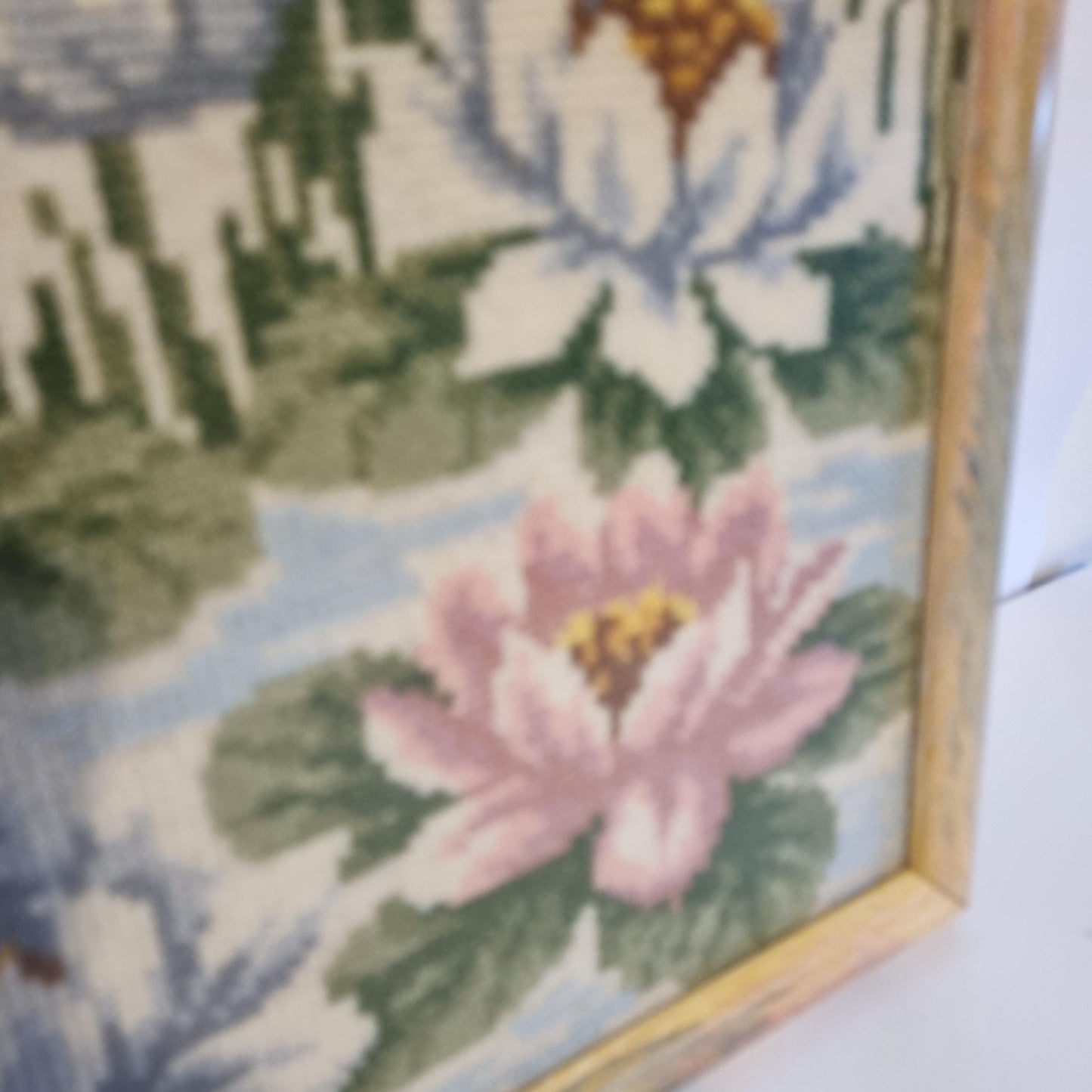 Framed Needlepoint Picture Water Lilies Dragonfly Mid Century Swedish Folk Art Wall Art