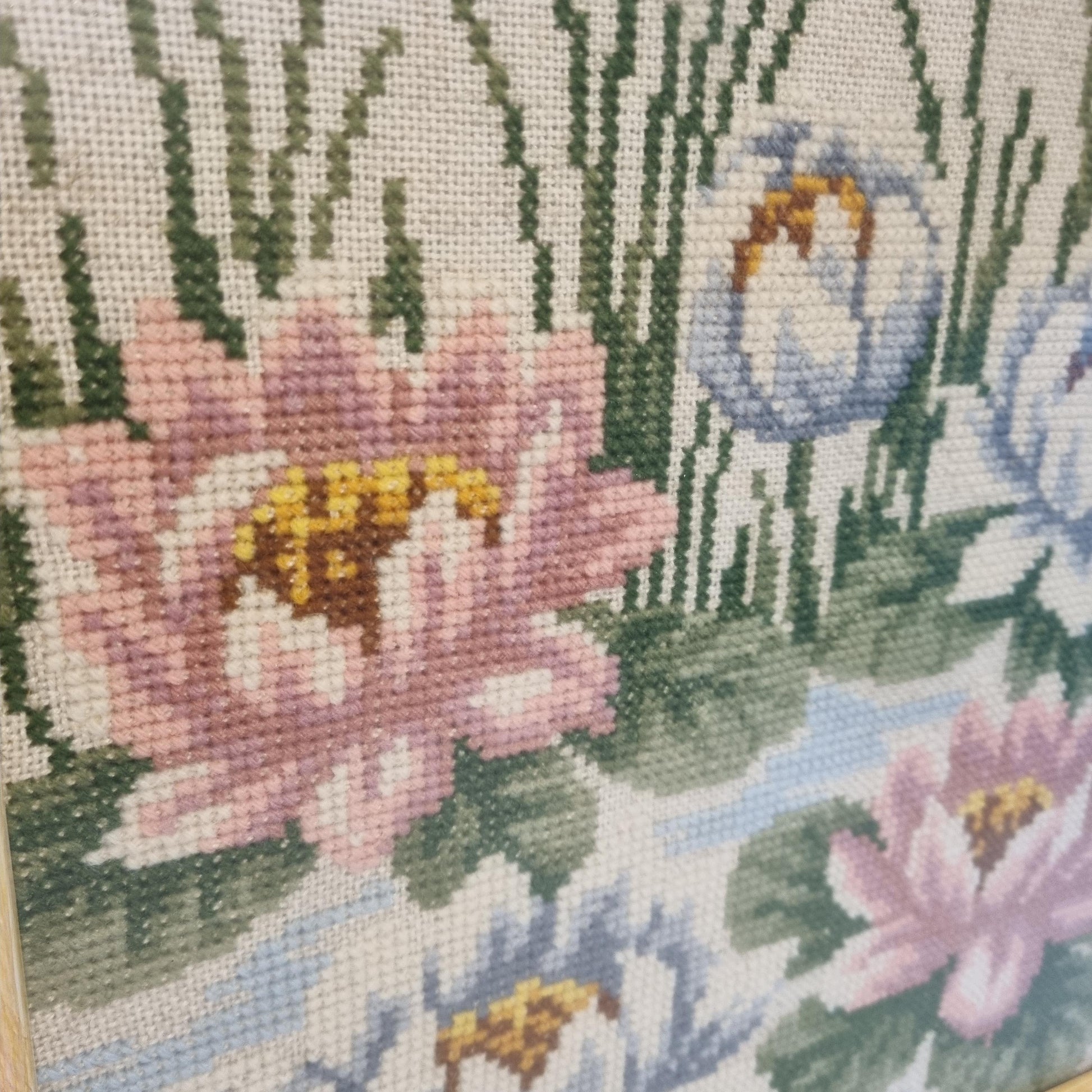 Framed Needlepoint Picture Water Lilies Dragonfly Mid Century Swedish Folk Art Wall Art