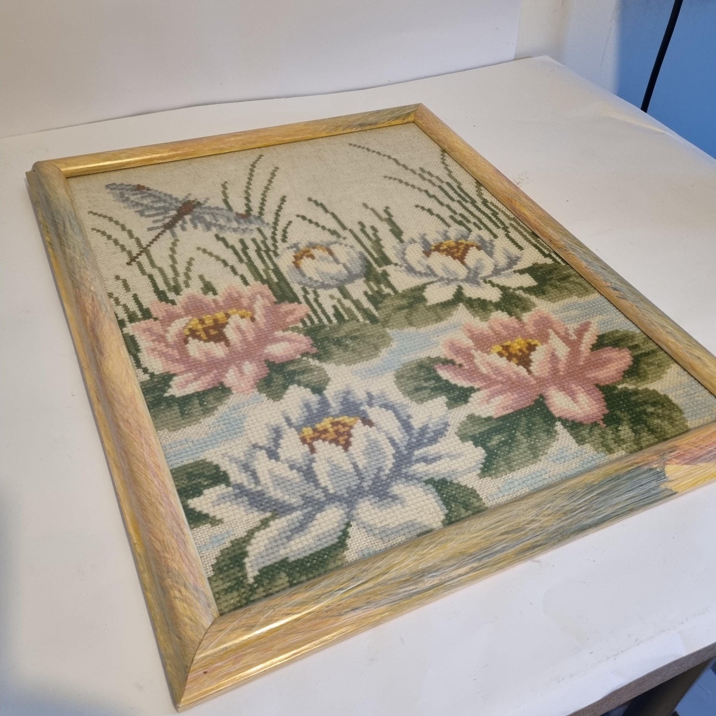 Framed Needlepoint Picture Water Lilies Dragonfly Mid Century Swedish Folk Art Wall Art