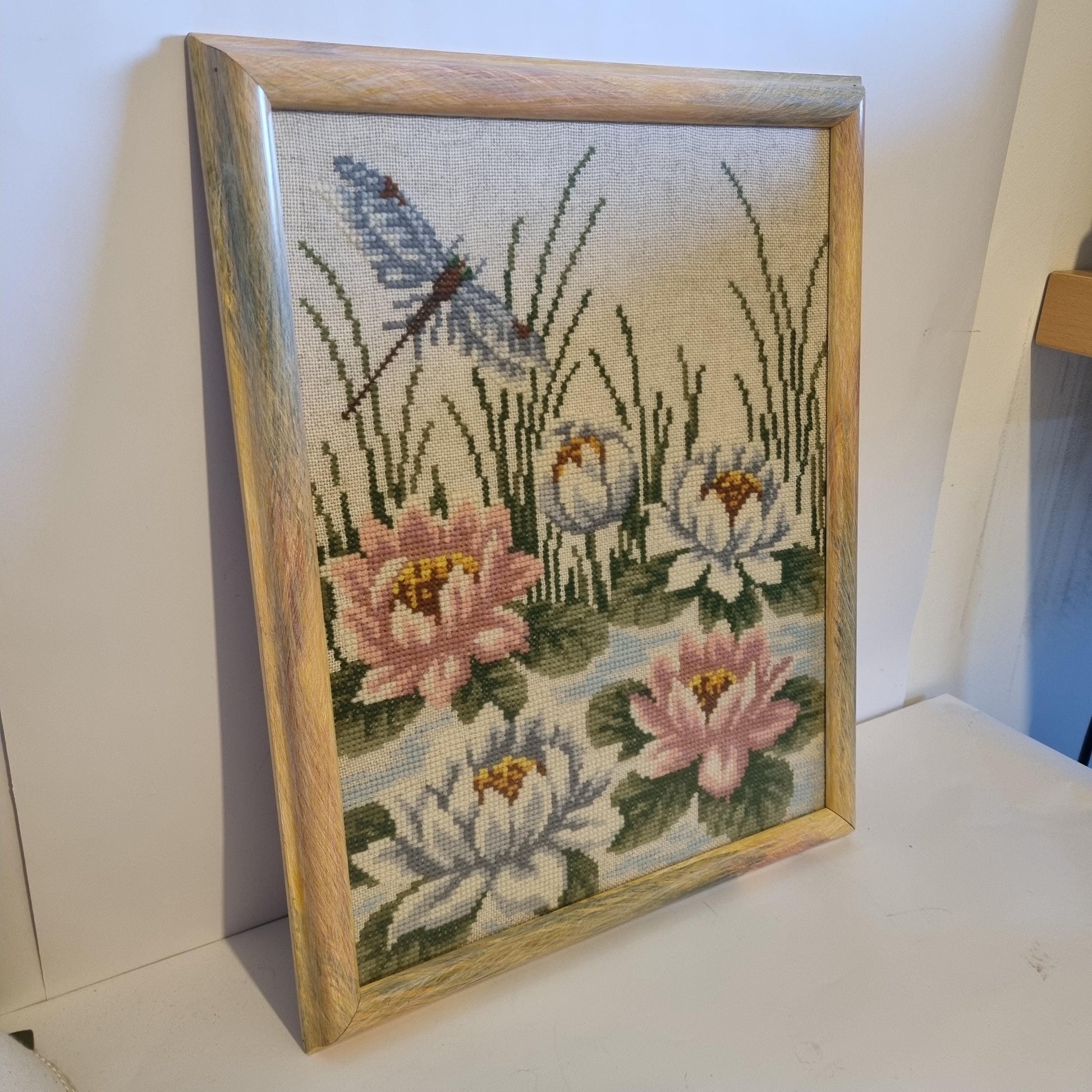 Framed Needlepoint Picture Water Lilies Dragonfly Mid Century Swedish Folk Art Wall Art