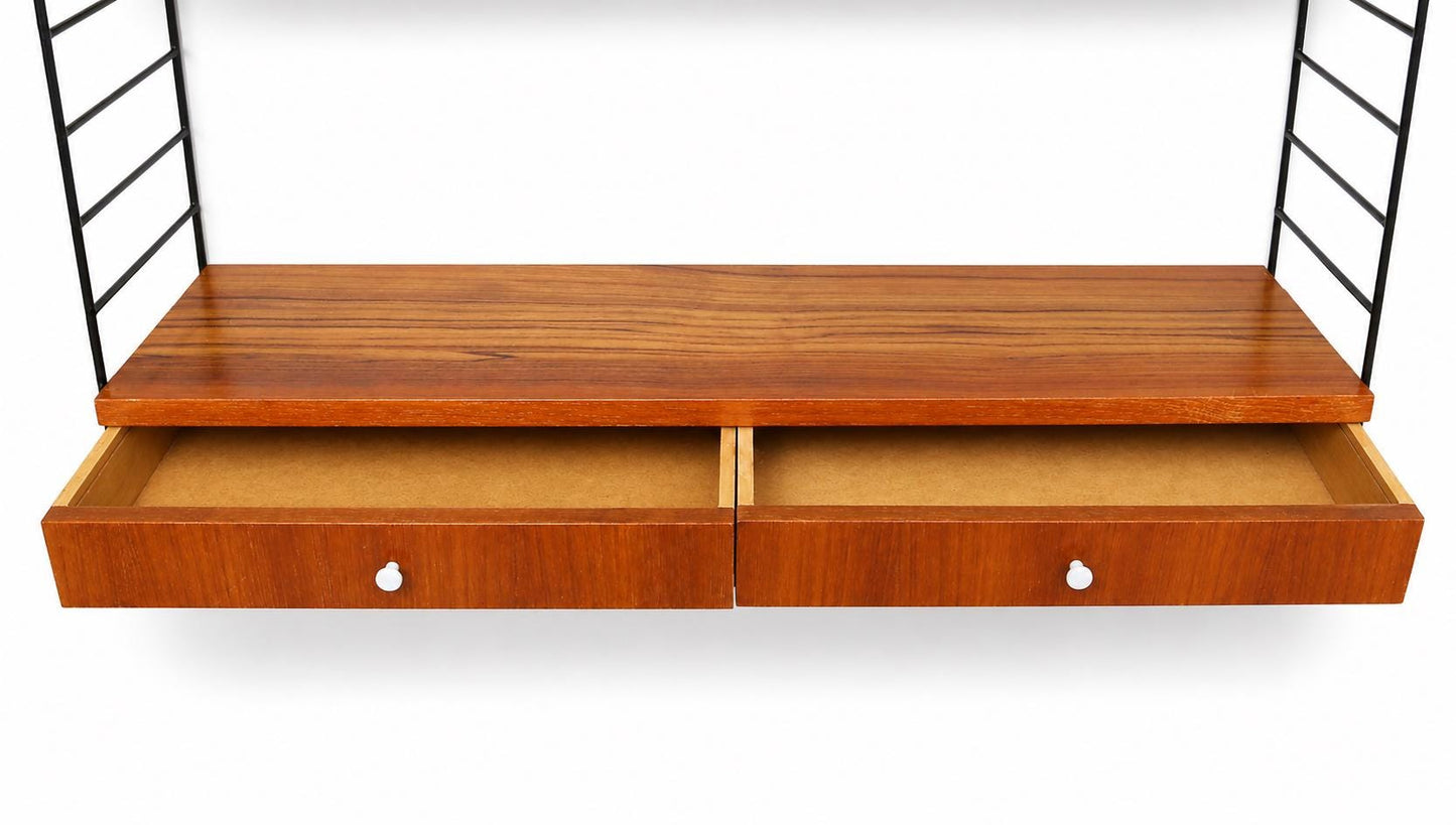 Danish teak String Shelf with Drawers, 1960s Scandinavian Wall Unit