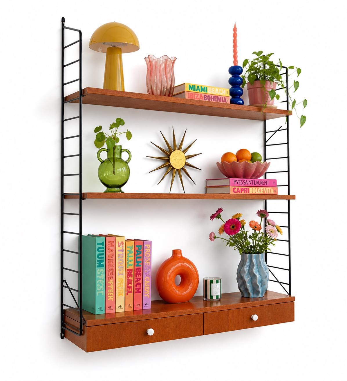 Danish teak String Shelf with Drawers, 1960s Scandinavian Wall Unit