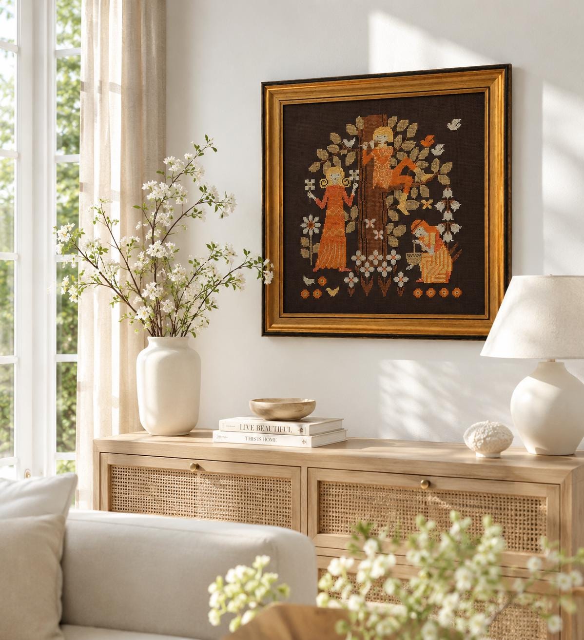 Mid Century Decor Embroidered Wall Art Framed Textile Folk Art | Original Wooden Frame | Scandinavian