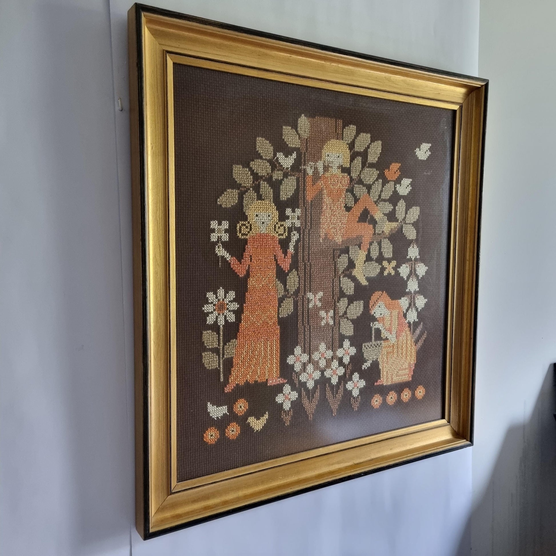 Mid Century Decor Embroidered Wall Art Framed Textile Folk Art | Original Wooden Frame | Scandinavian