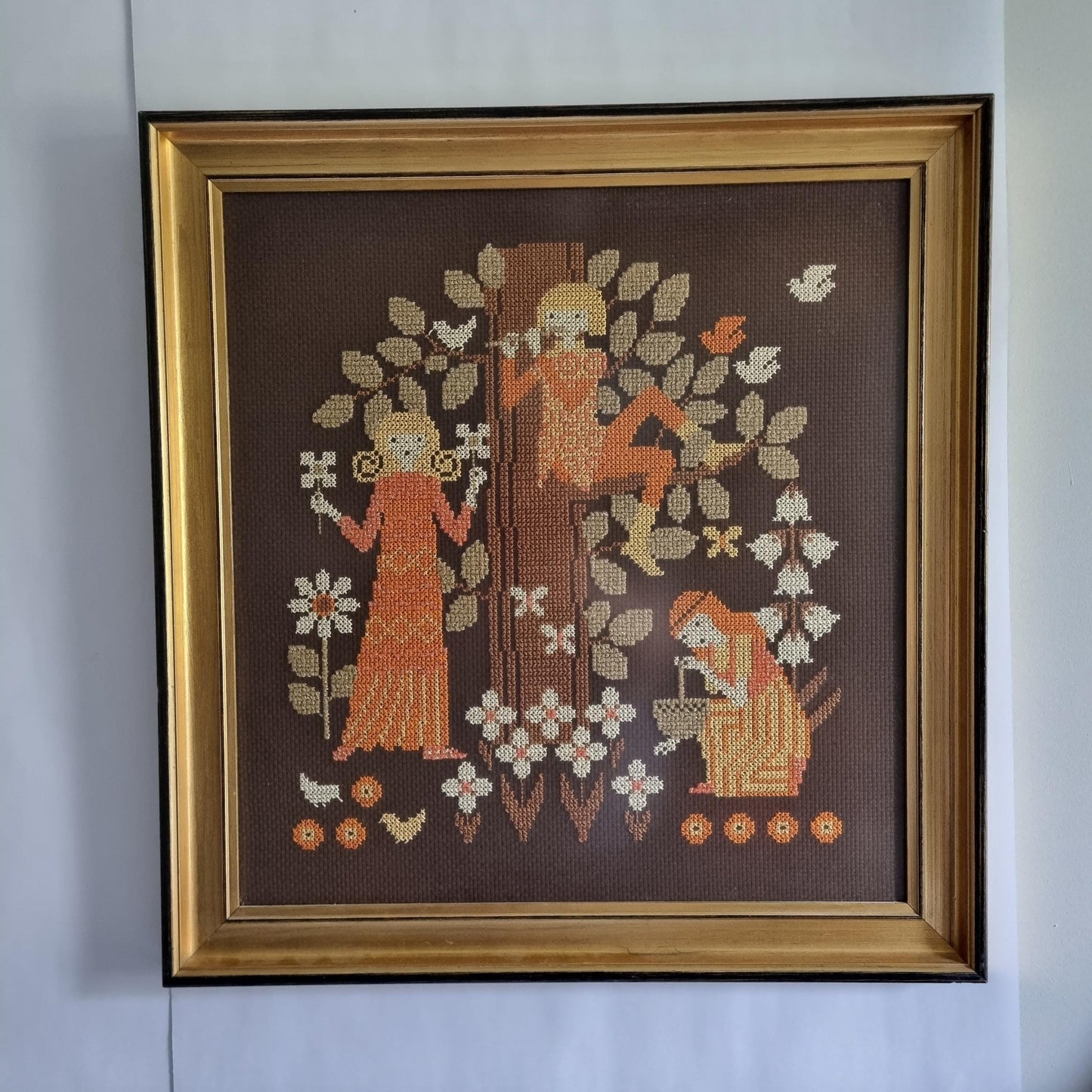 Mid Century Decor Embroidered Wall Art Framed Textile Folk Art | Original Wooden Frame | Scandinavian