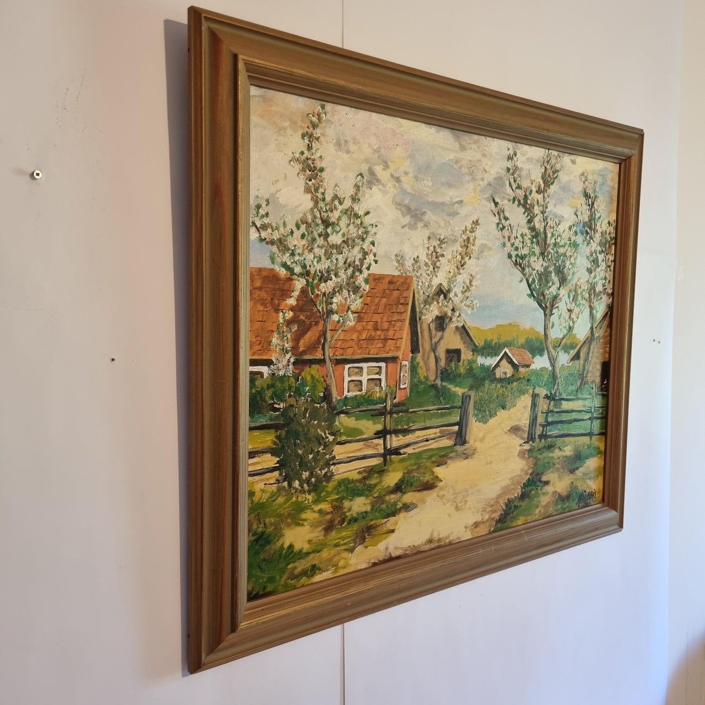 Vintage Swedish Spring Landscape Oil Painting | Blooming Countryside Cottage Scene | Framed Scandinavian Wall Art