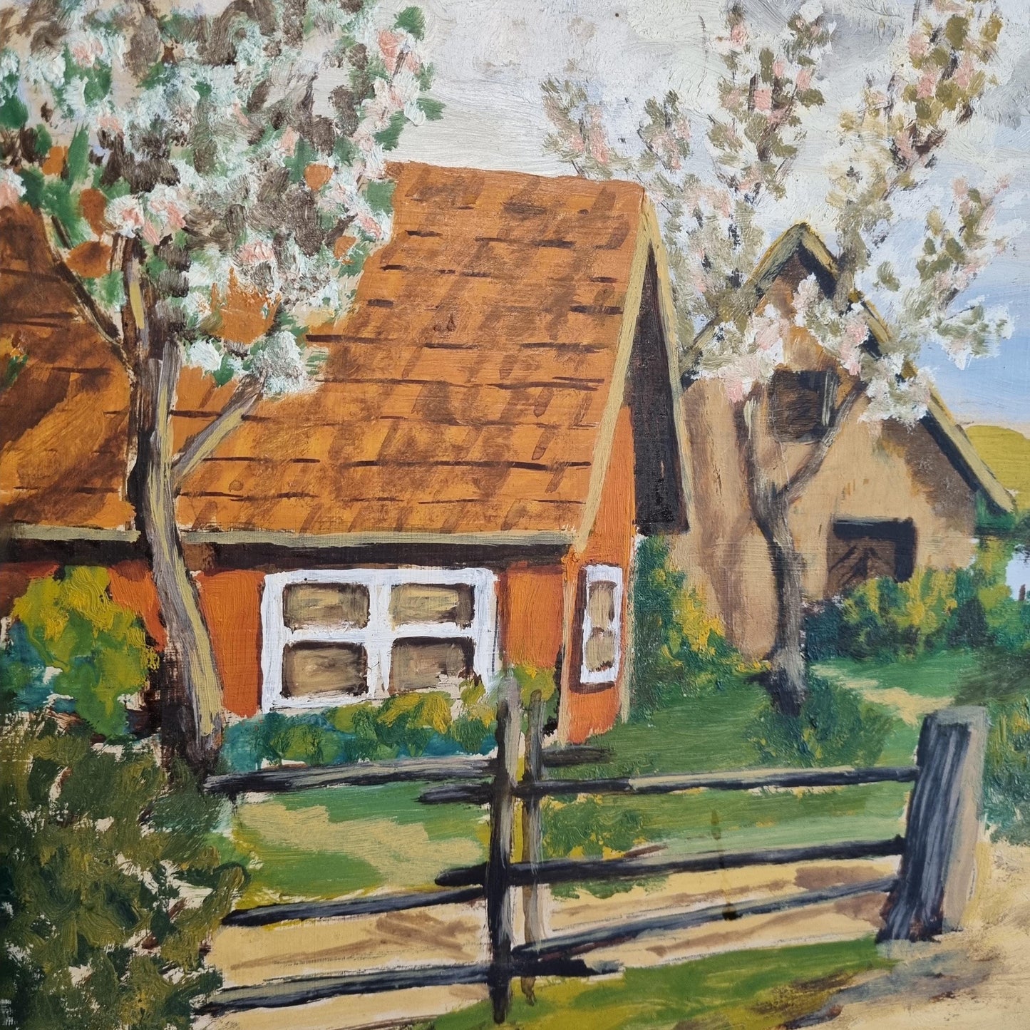 Vintage Swedish Spring Landscape Oil Painting | Blooming Countryside Cottage Scene | Framed Scandinavian Wall Art