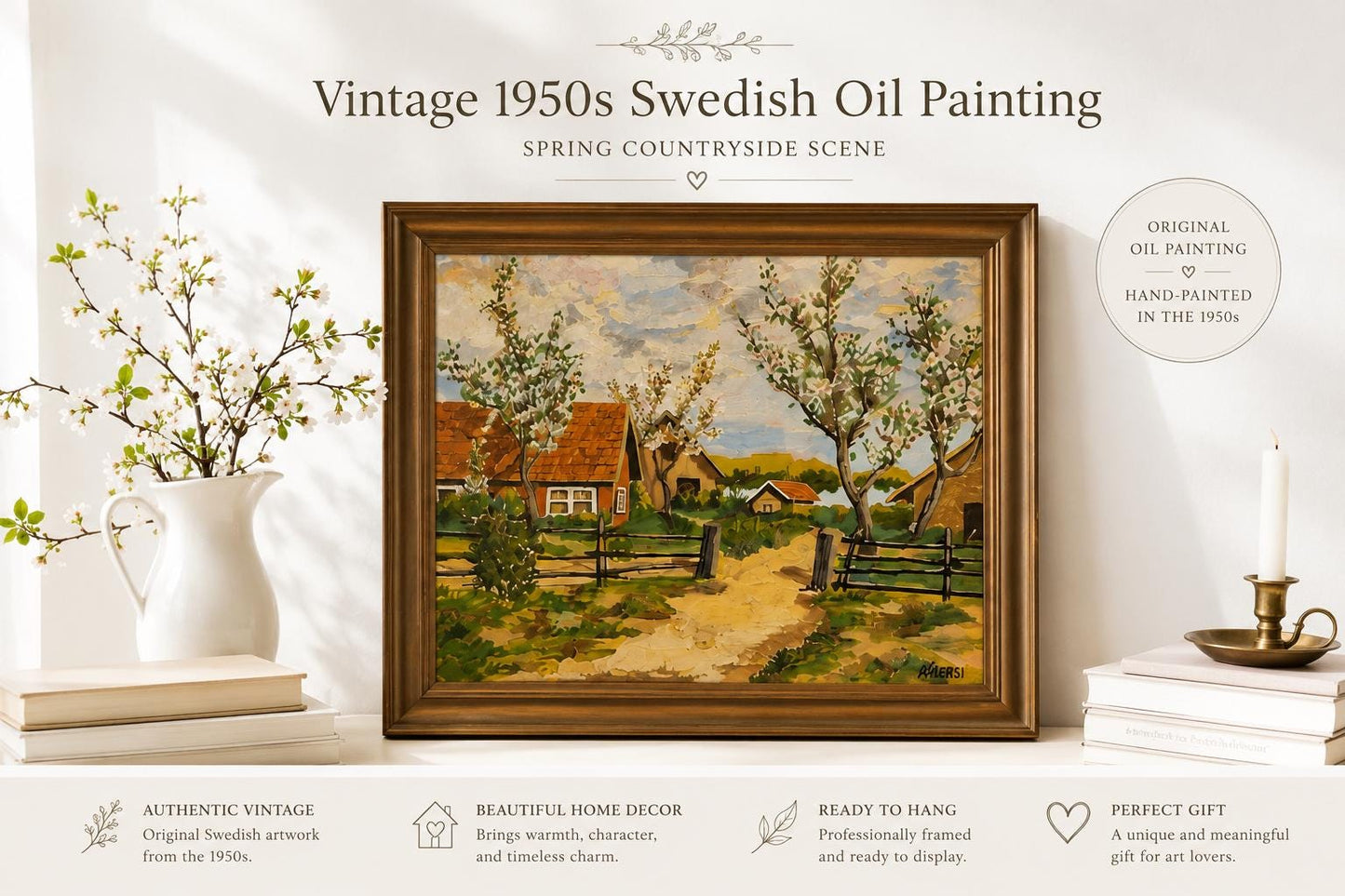 Vintage Swedish Spring Landscape Oil Painting | Blooming Countryside Cottage Scene | Framed Scandinavian Wall Art