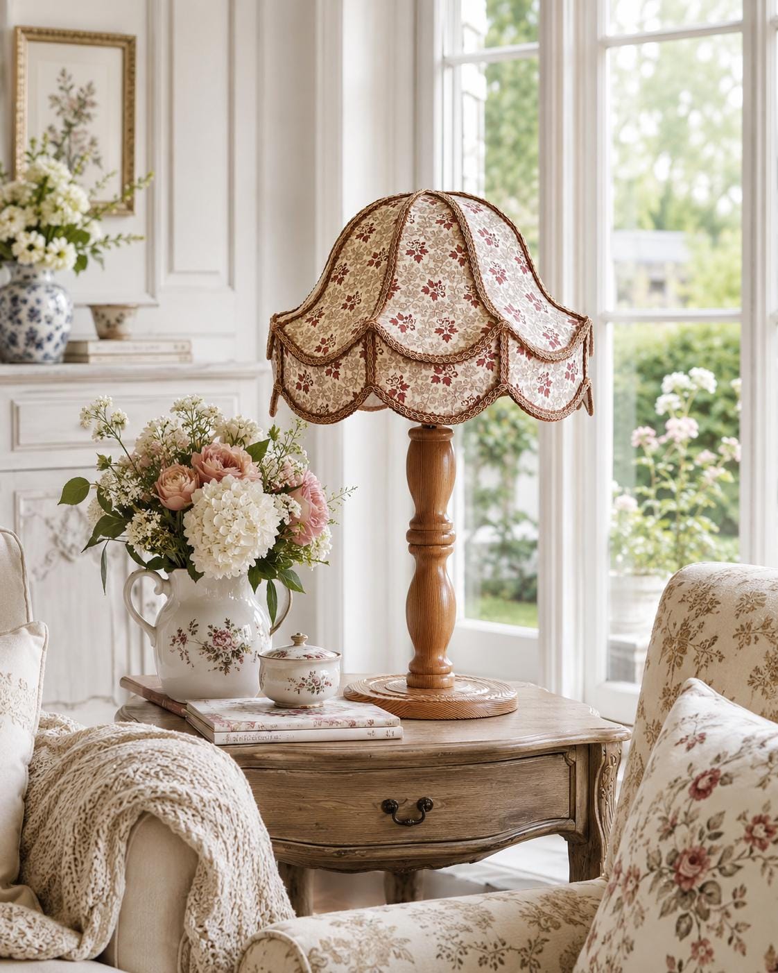 Pine Table Lamp Floral Scalloped Shade Swedish Cottage Bedside Light Markslöjd
