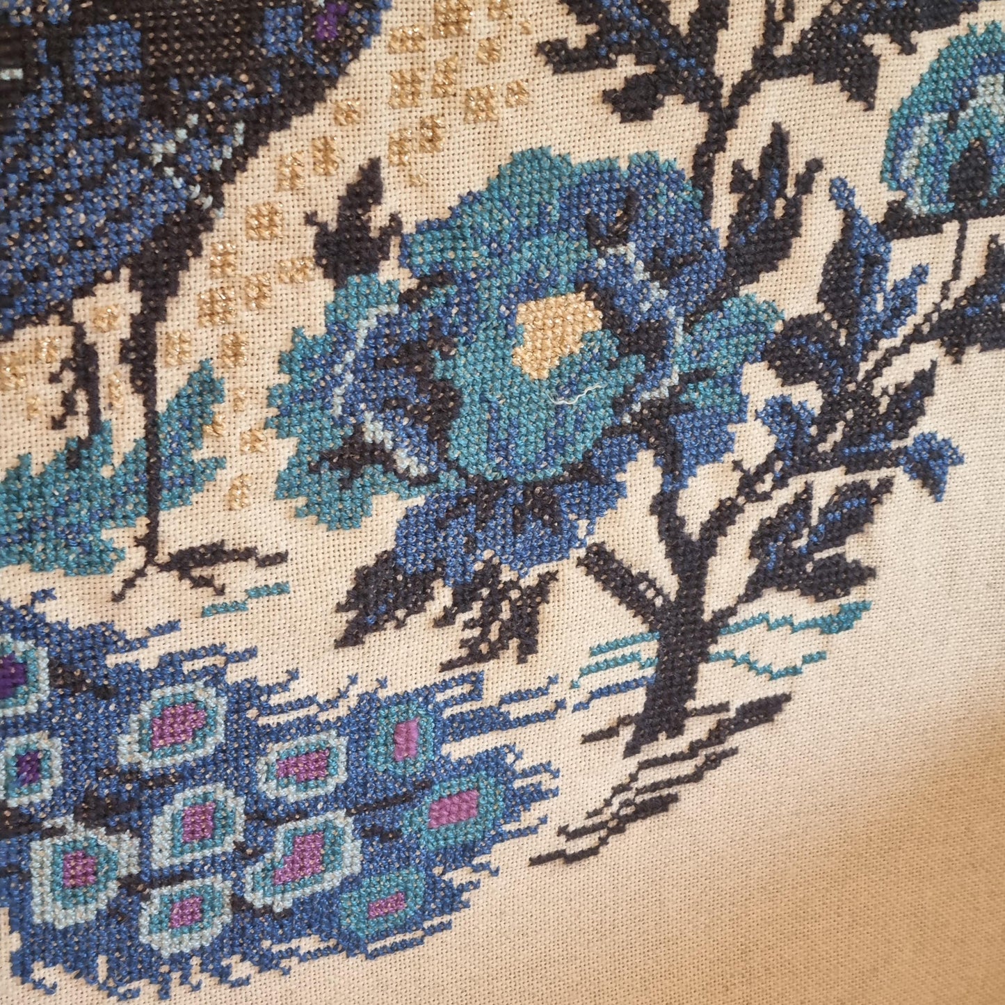 Embroidered Peacock Vintage Textile Wall Art, Scandinavian Folk Art Panel 1960s