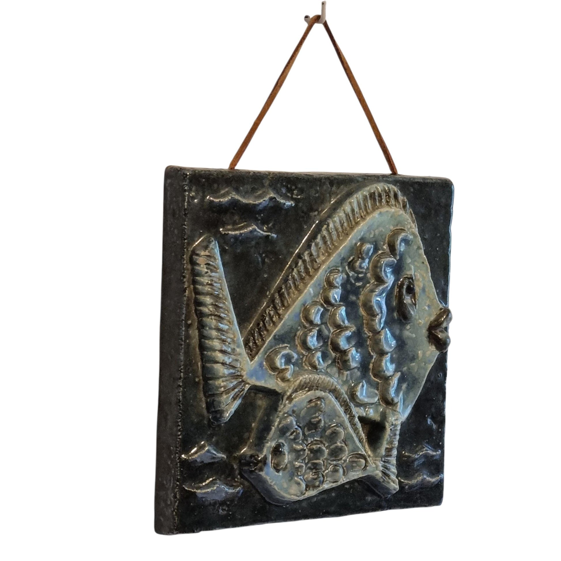 Wall Hanging Willi Fischer Blue Fish Ceramic Plaque Mid Century Scandinavian Swedish Stoneware Wall Art Black Glaze 1960s Sweden