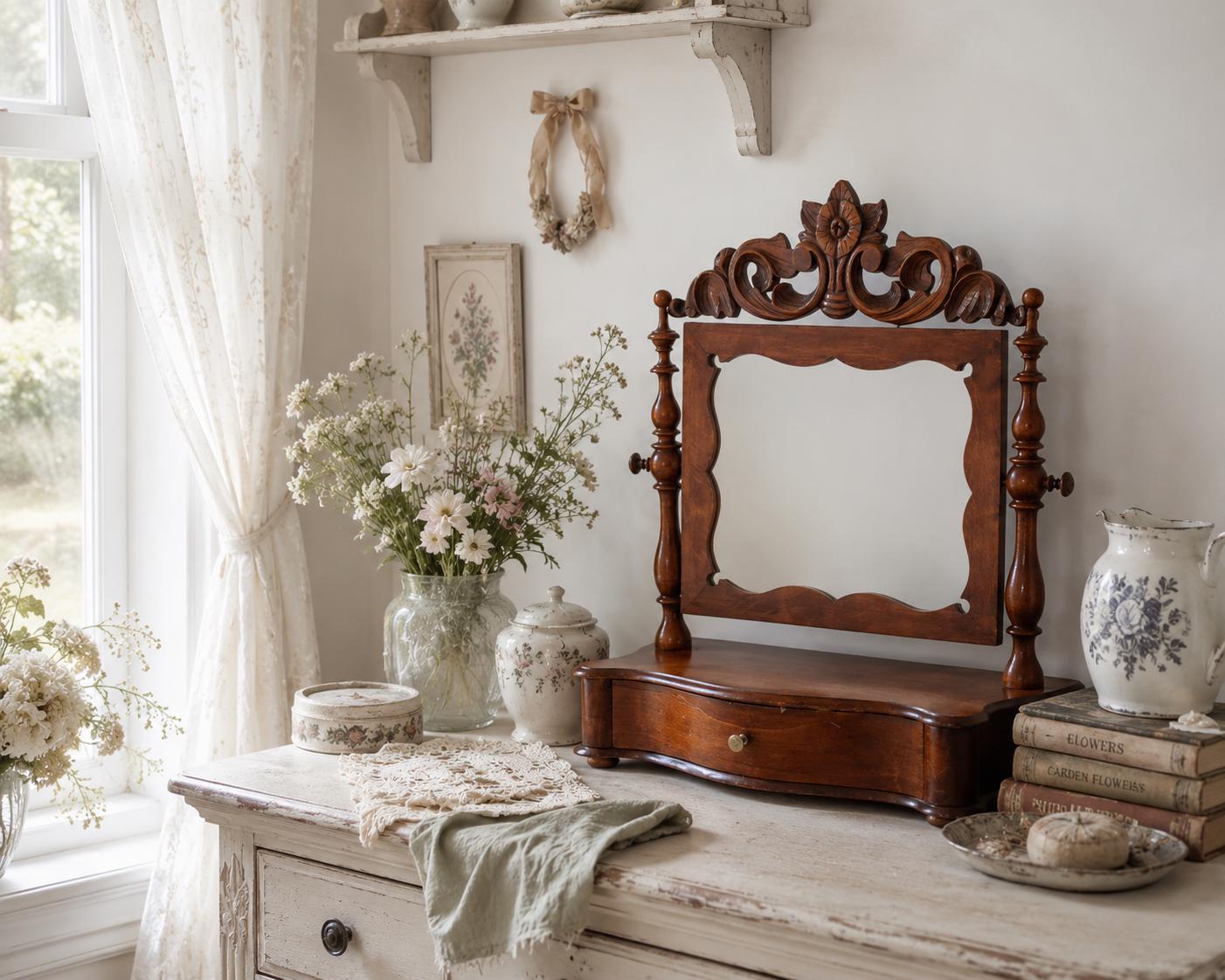 Dressing Table Mirror with Drawer, Antique Carved Tilting Vanity Mirror, Wooden Swing Toilet Stand, Victorian Style Mahogany Vanity
