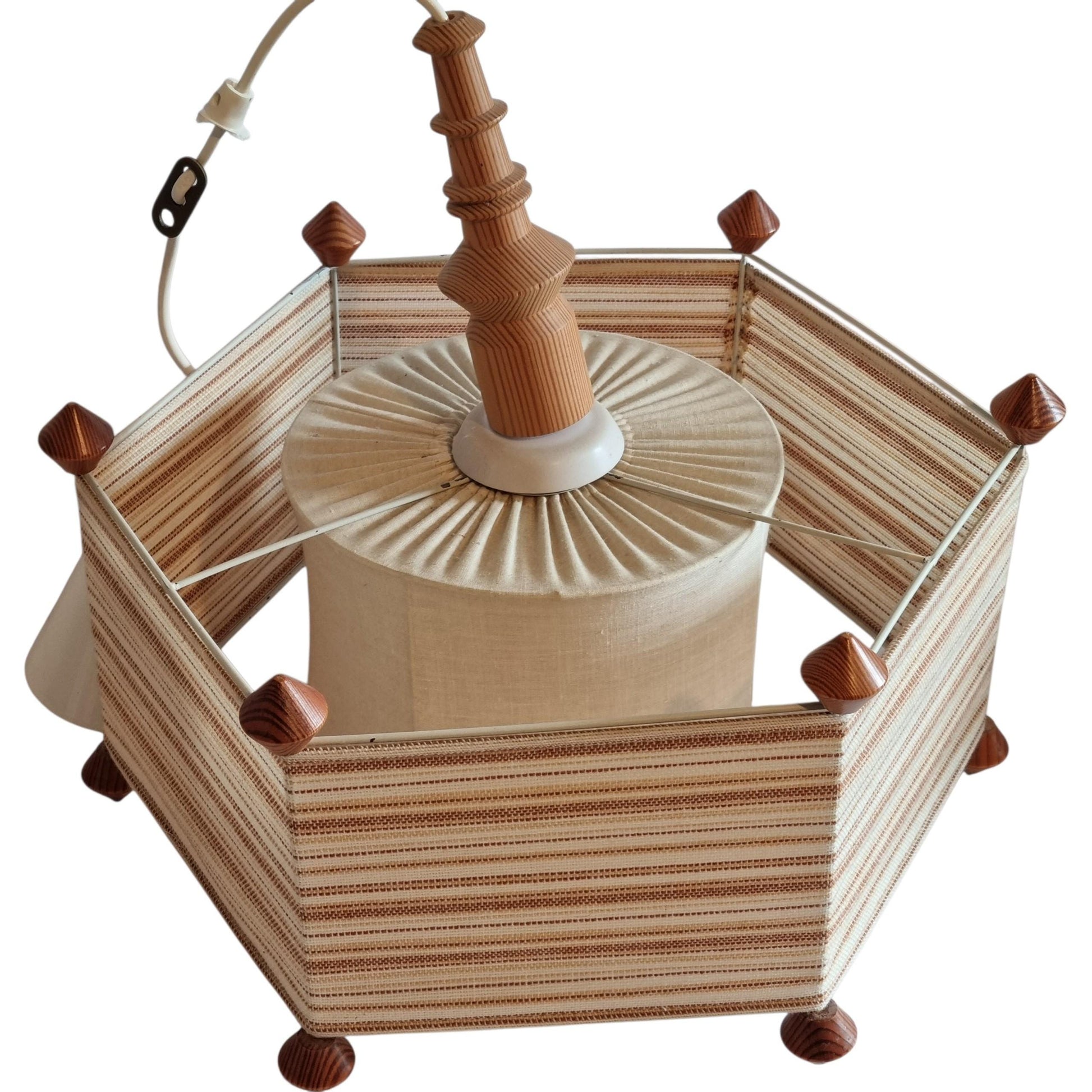 Pendant Lamp with Striped Fabric Shade, Square Pine Ceiling Light, Swedish 1970s Scandinavian Hanging Lamp, Rustic Brown Beige Pendant