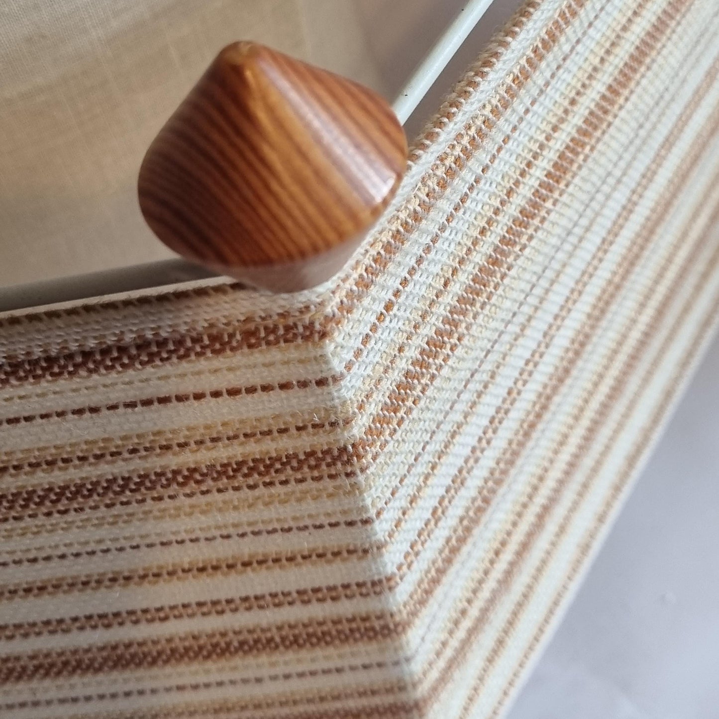 Pendant Lamp with Striped Fabric Shade, Square Pine Ceiling Light, Swedish 1970s Scandinavian Hanging Lamp, Rustic Brown Beige Pendant