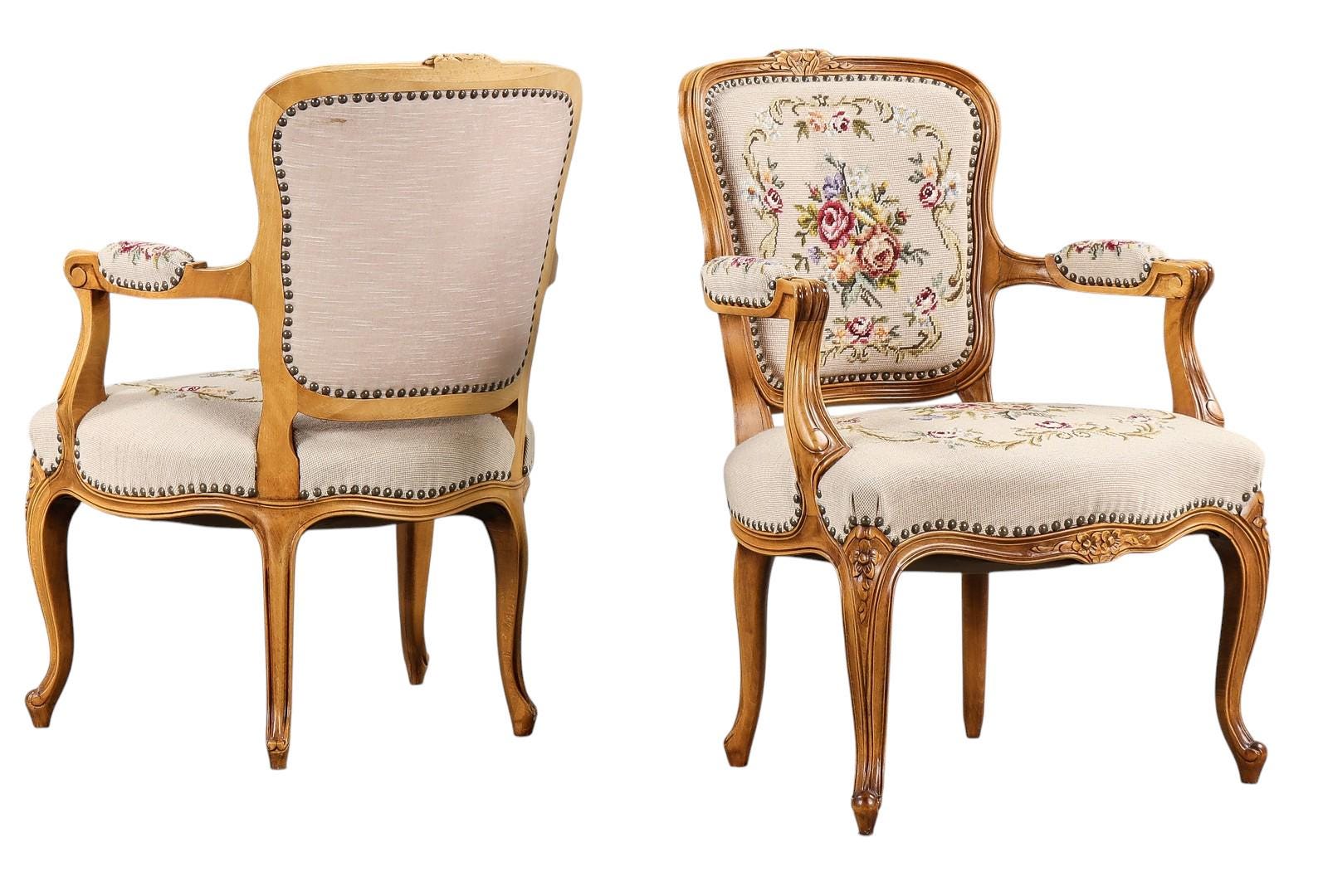 Louis XV style  Armchair. Hand-Carved Rococo Frame, Needlepoint Pastoral Tapestry. French Style, 1970s