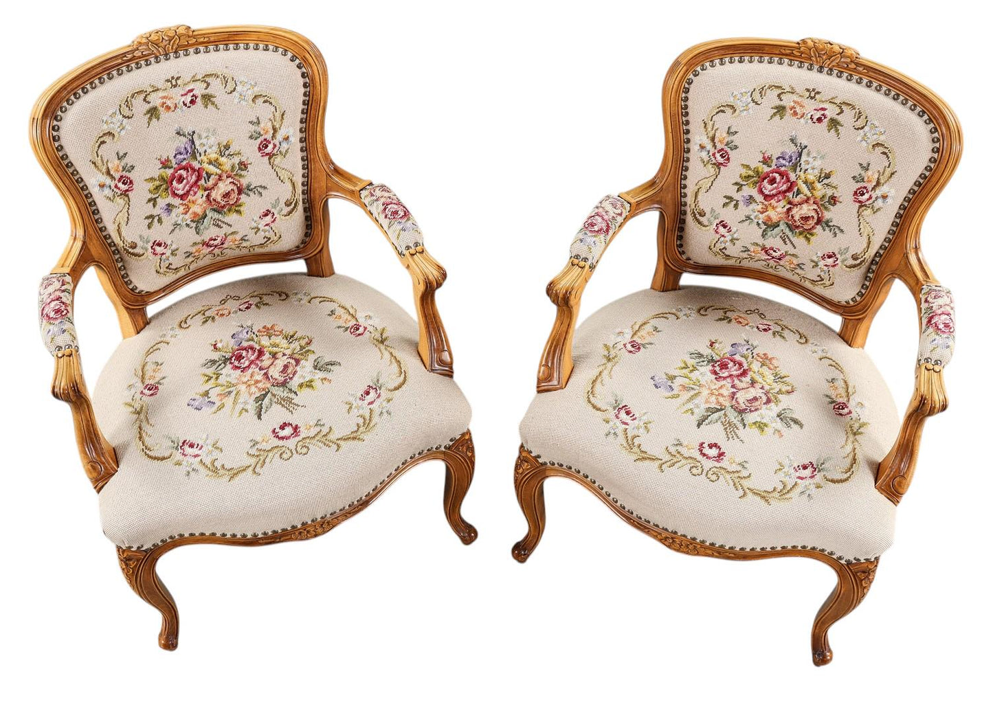 Louis XV style  Armchair. Hand-Carved Rococo Frame, Needlepoint Pastoral Tapestry. French Style, 1970s